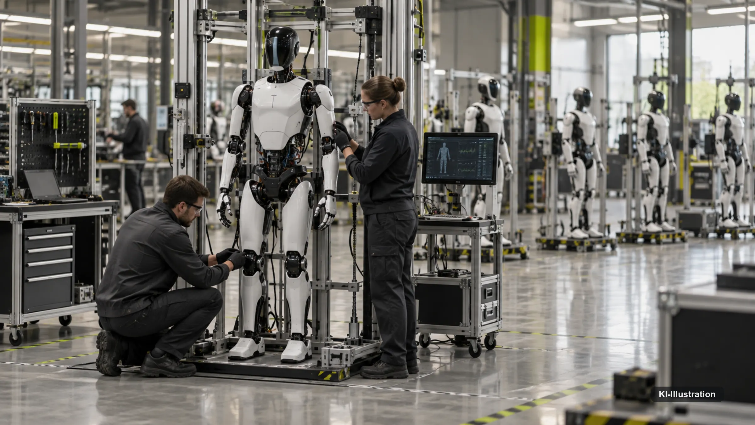 Techniker montiert ein Batteriemodul in den Torso eines humanoiden Roboters.