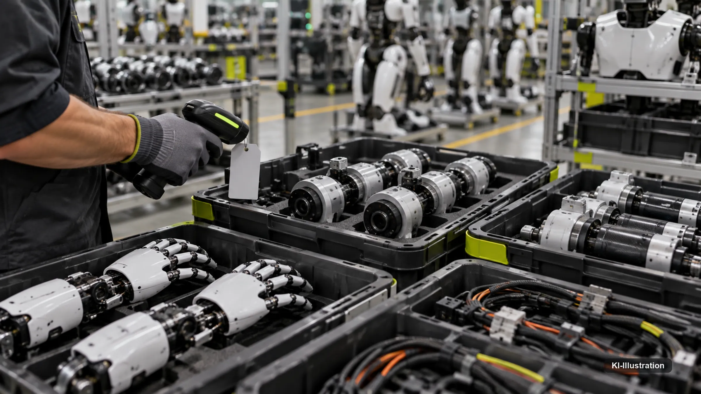 Mitarbeiter scannt Bauteilkisten mit Roboterhänden und Servomotoren in einer Fertigungshalle.