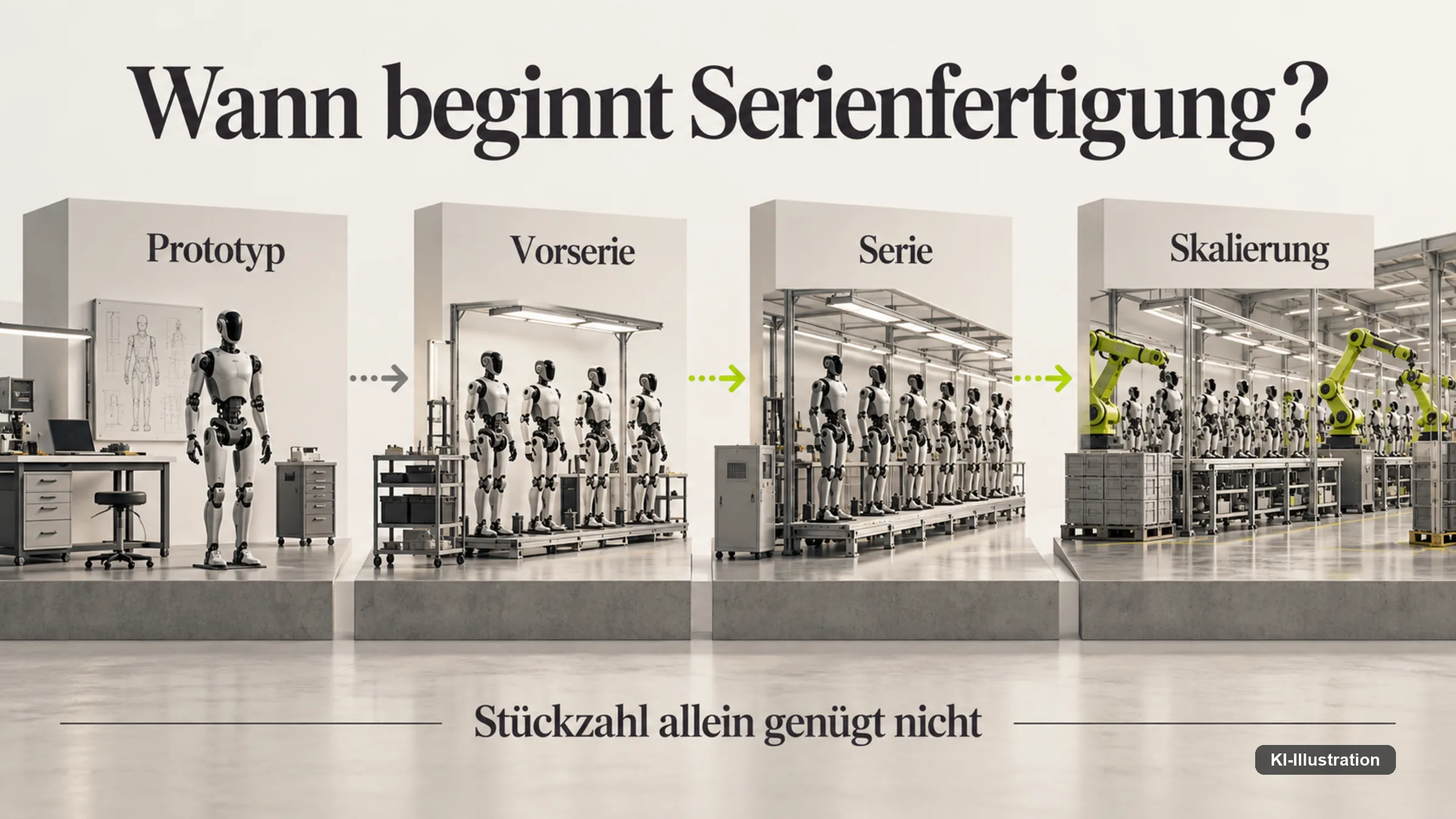 Vier Fertigungsstufen: Prototyp, Vorserie, Serie, Skalierung.