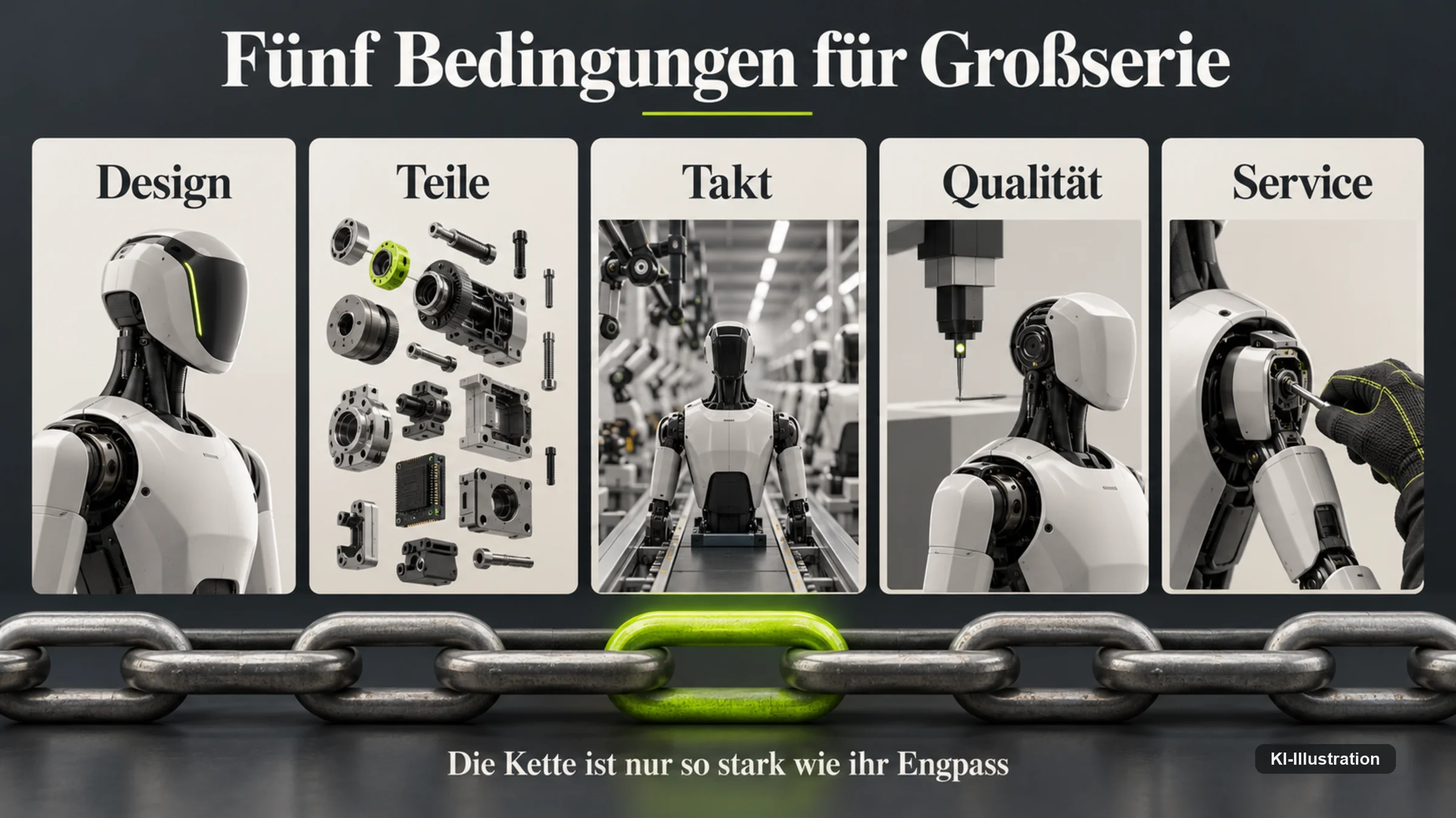 Fünf Bedingungen für Großserie: Design, Teile, Takt, Qualität, Service, verbunden als Kette mit einem hervorgehobenen Engpassglied.