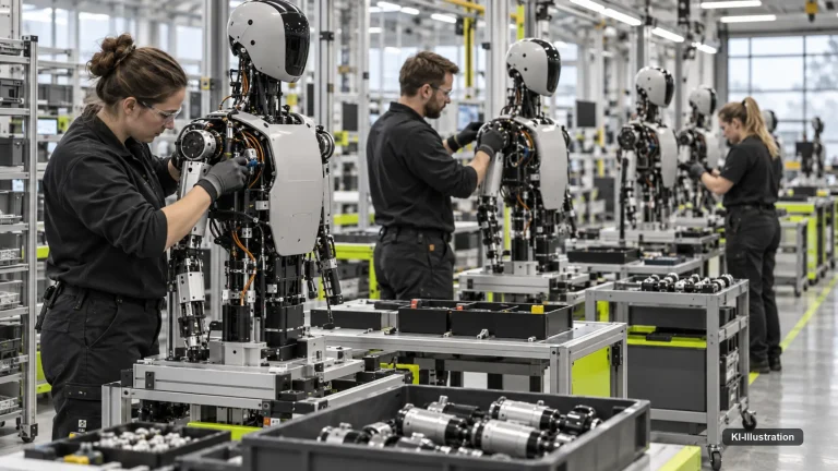 Mehrere Arbeitskräfte montieren humanoide Roboter an einer Fertigungslinie.