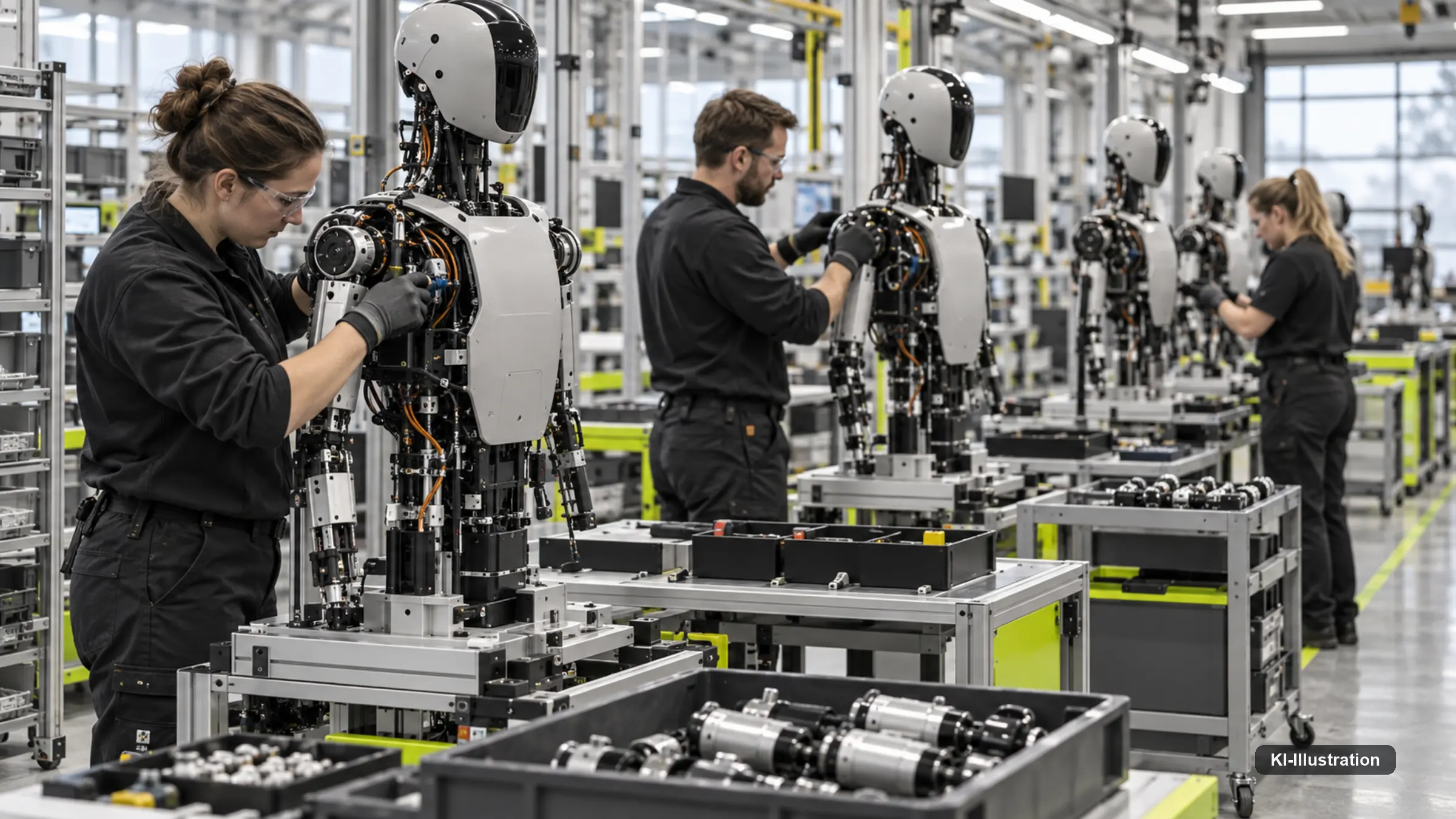 Mehrere Arbeitskräfte montieren humanoide Roboter an einer Fertigungslinie.