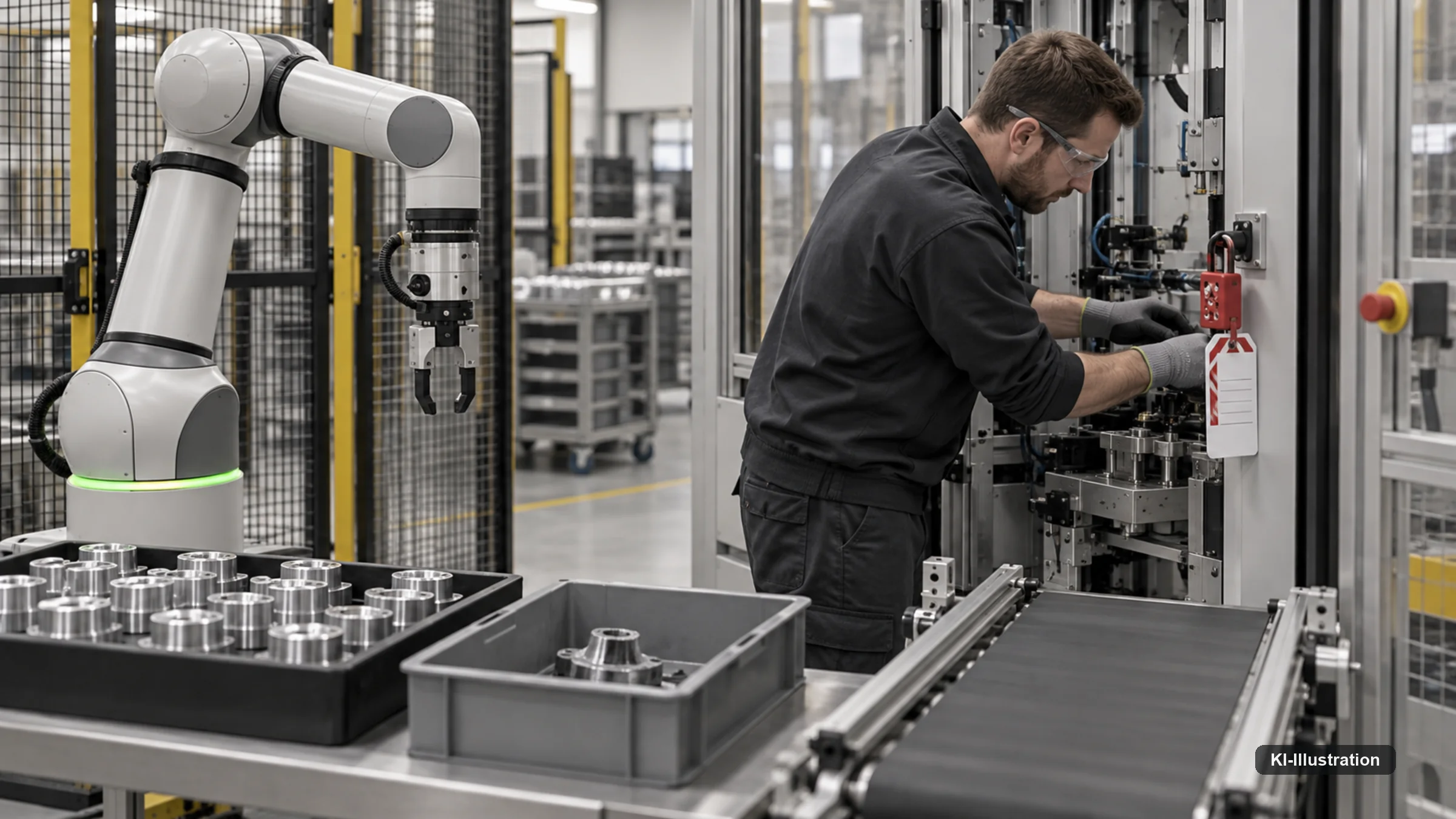 Techniker sichert eine Maschine mit einem Lockout-Tagout-Schild neben einem Cobot-Arm.