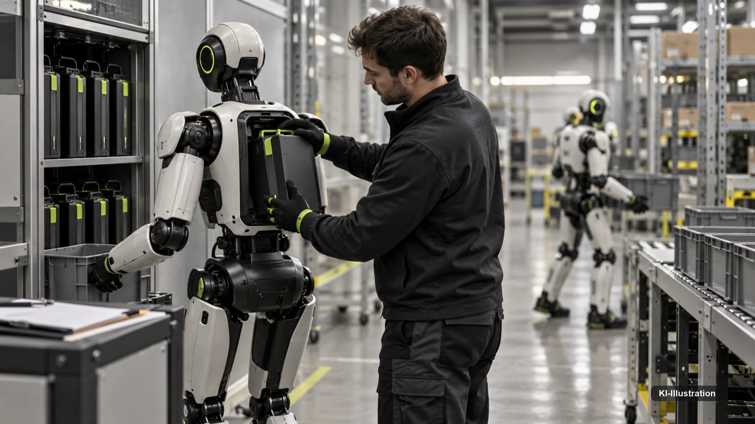 Mitarbeiter und humanoider Roboter arbeiten gemeinsam in einer Lagerhalle.