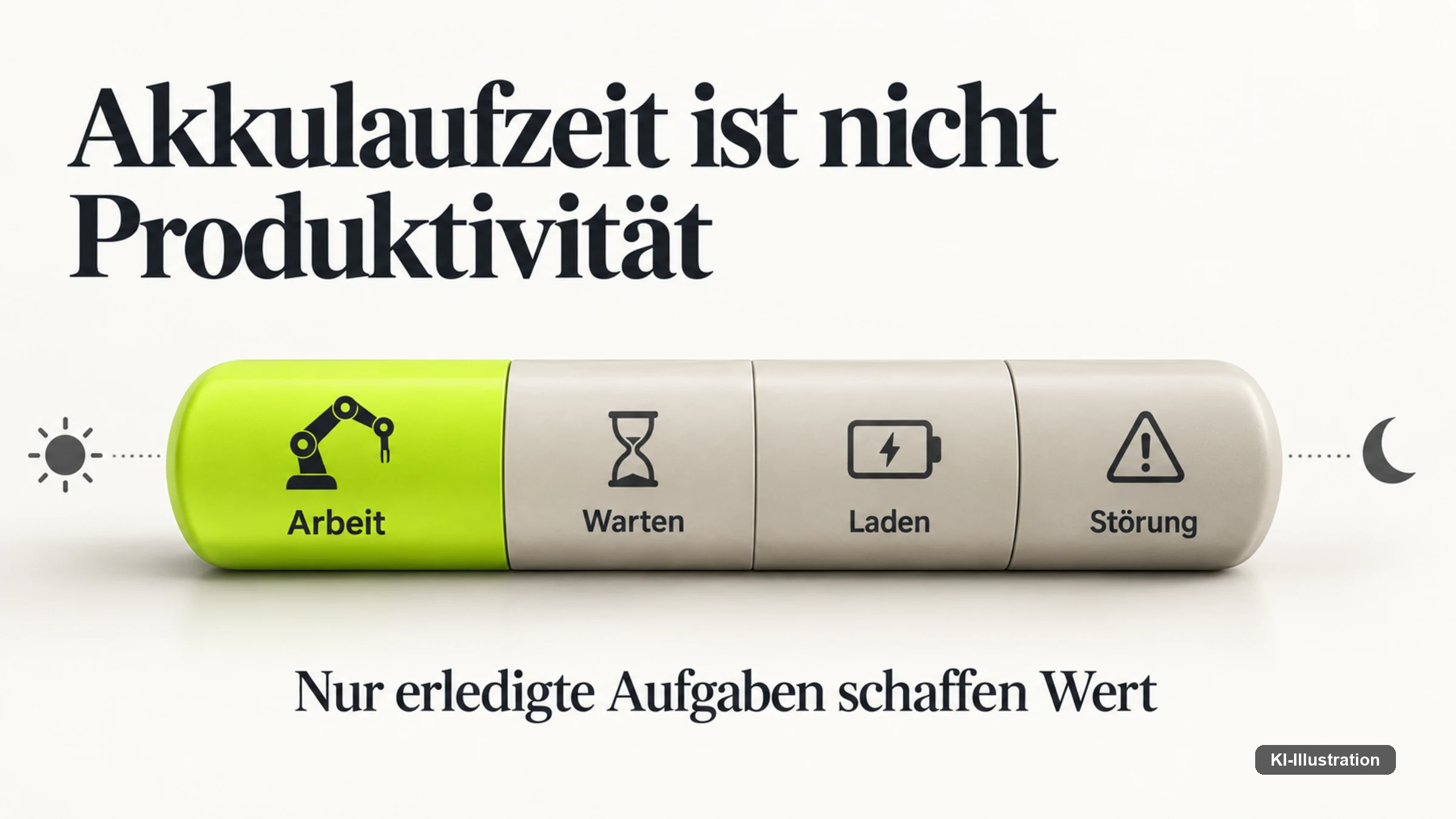Vier Zustände einer Roboterstunde: Arbeit, Warten, Laden, Störung.