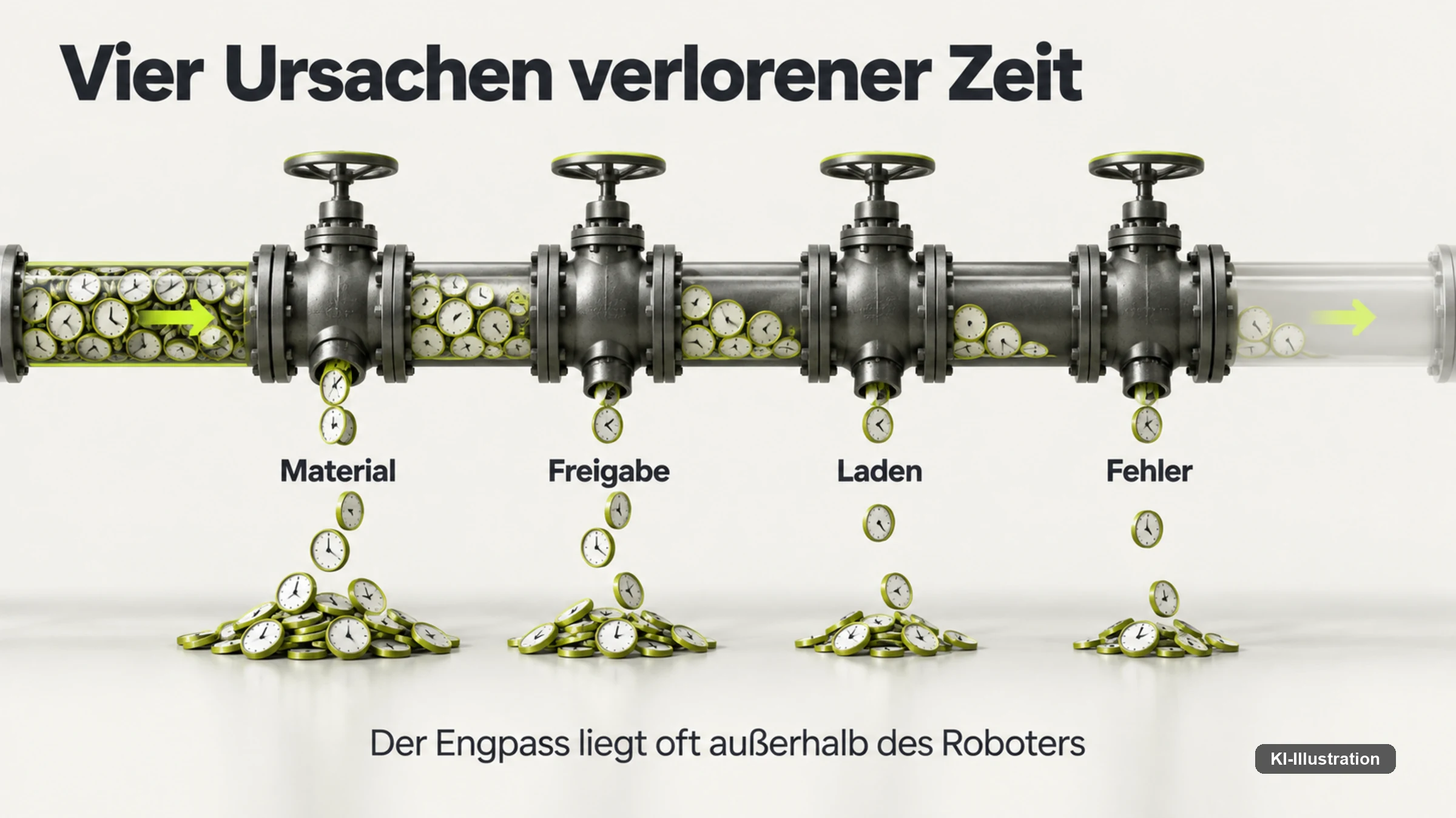 Vier Ursachen verlorener Zeit: Material, Freigabe, Laden, Fehler.