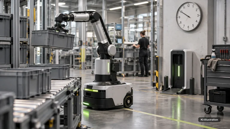 Roboterarm und mobiler Roboter in einer Fertigungshalle neben einer Wanduhr.