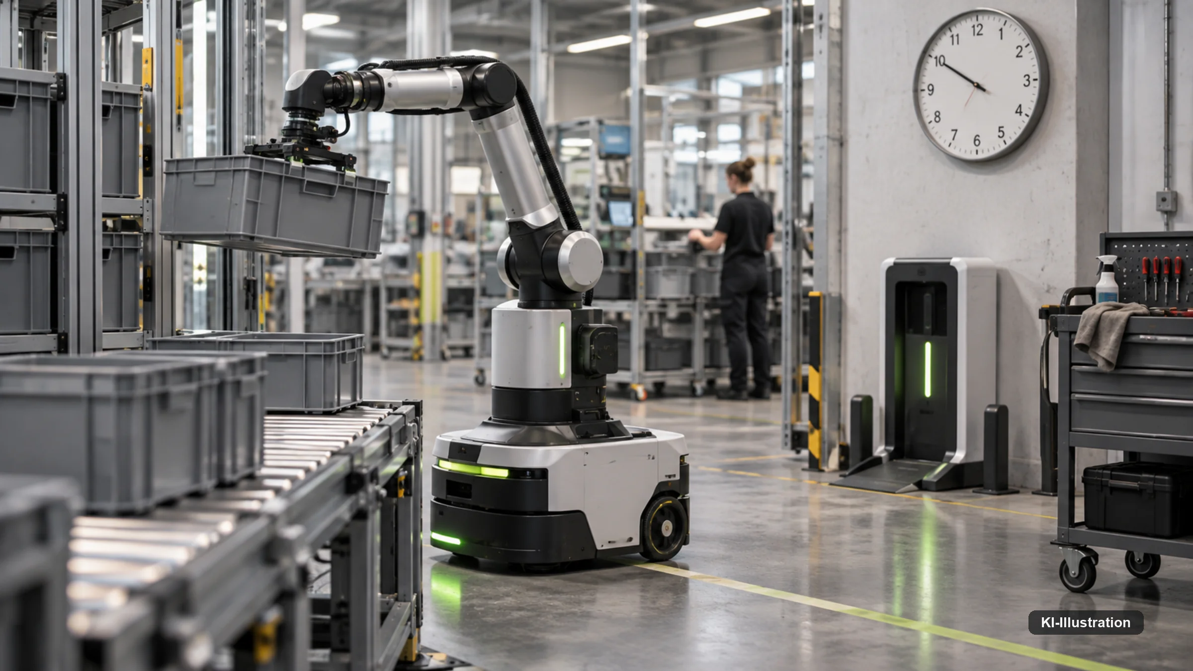 Roboterarm und mobiler Roboter in einer Fertigungshalle neben einer Wanduhr.