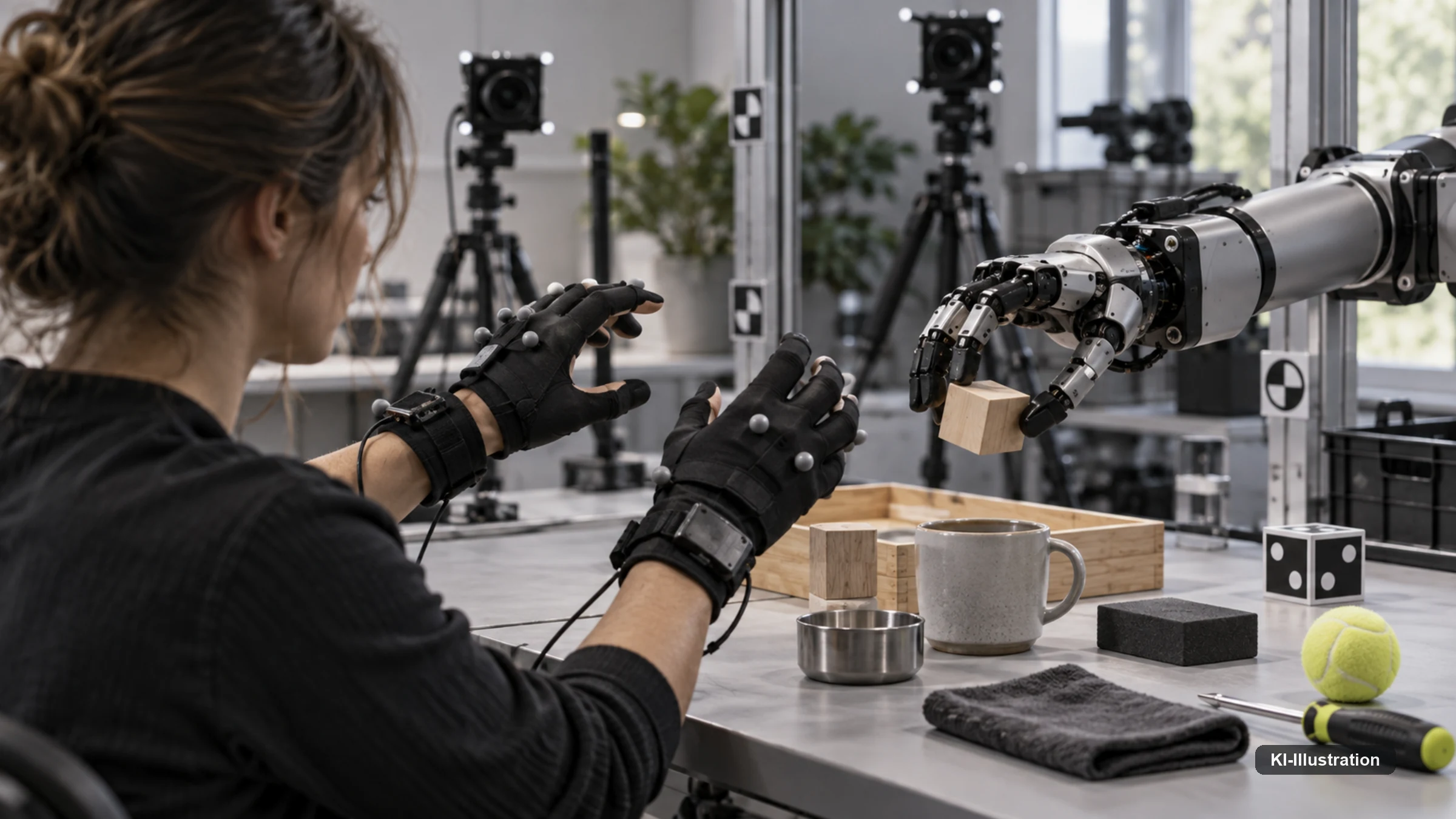 Person mit Motion-Capture-Handschuhen führt eine Roboterhand bei einer Greifaufgabe.
