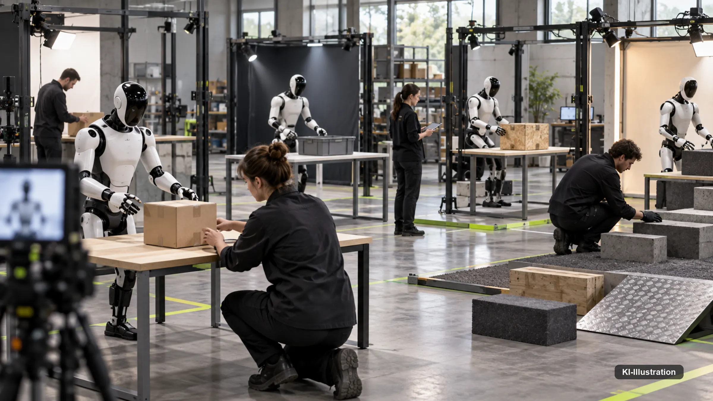 Mehrere humanoide Roboter führen in einem Aufnahmestudio verschiedene Aufgaben unter Kameras aus.