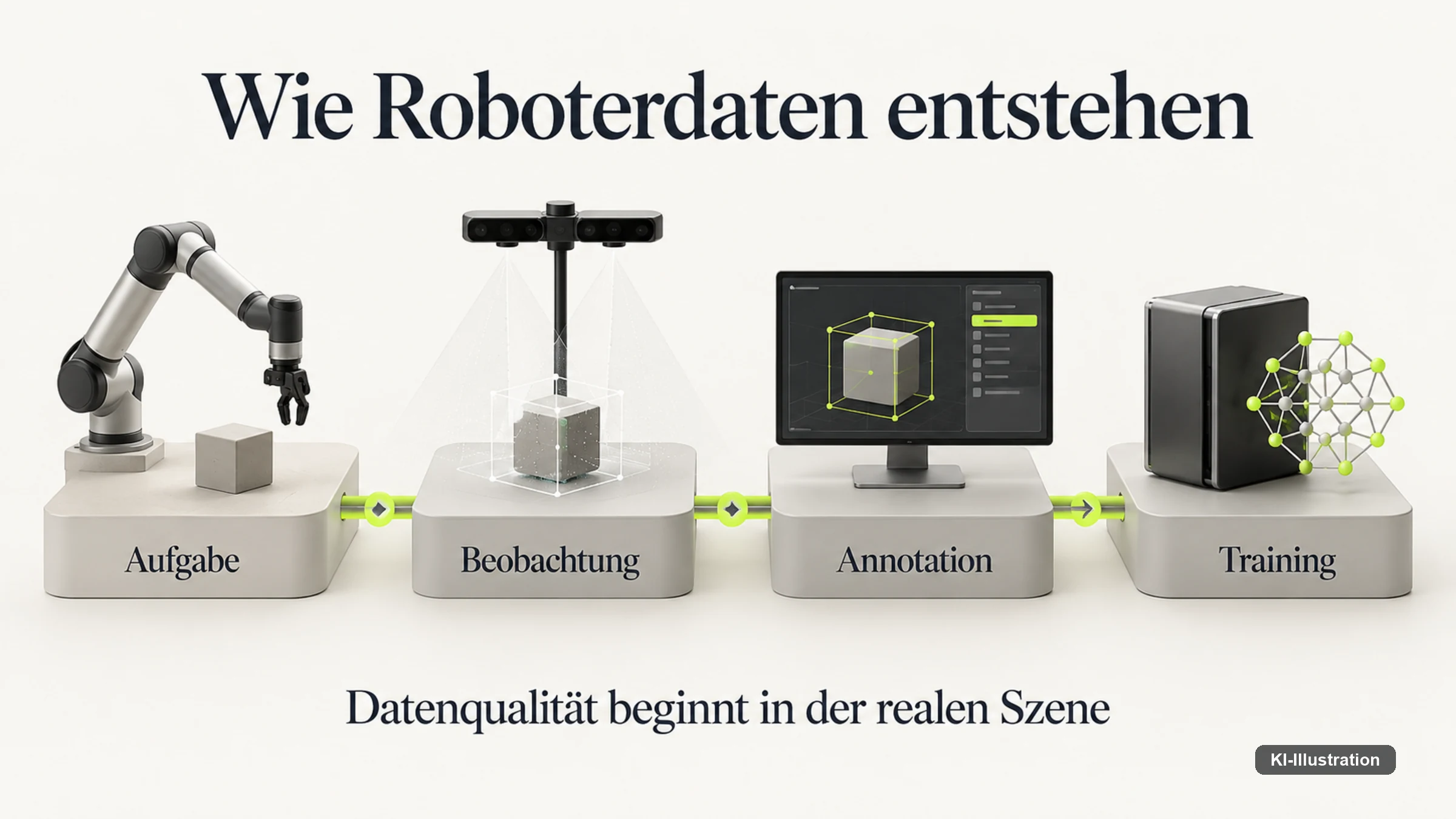 Vierstufiger Entstehungsprozess von Roboterdaten: Aufgabe, Beobachtung, Annotation, Training.