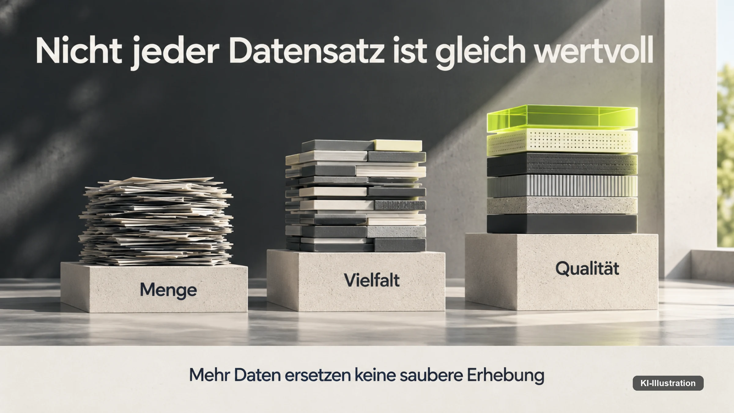 Drei Stapel zu Menge, Vielfalt und Qualität von Trainingsdaten, mit Qualität hervorgehoben.