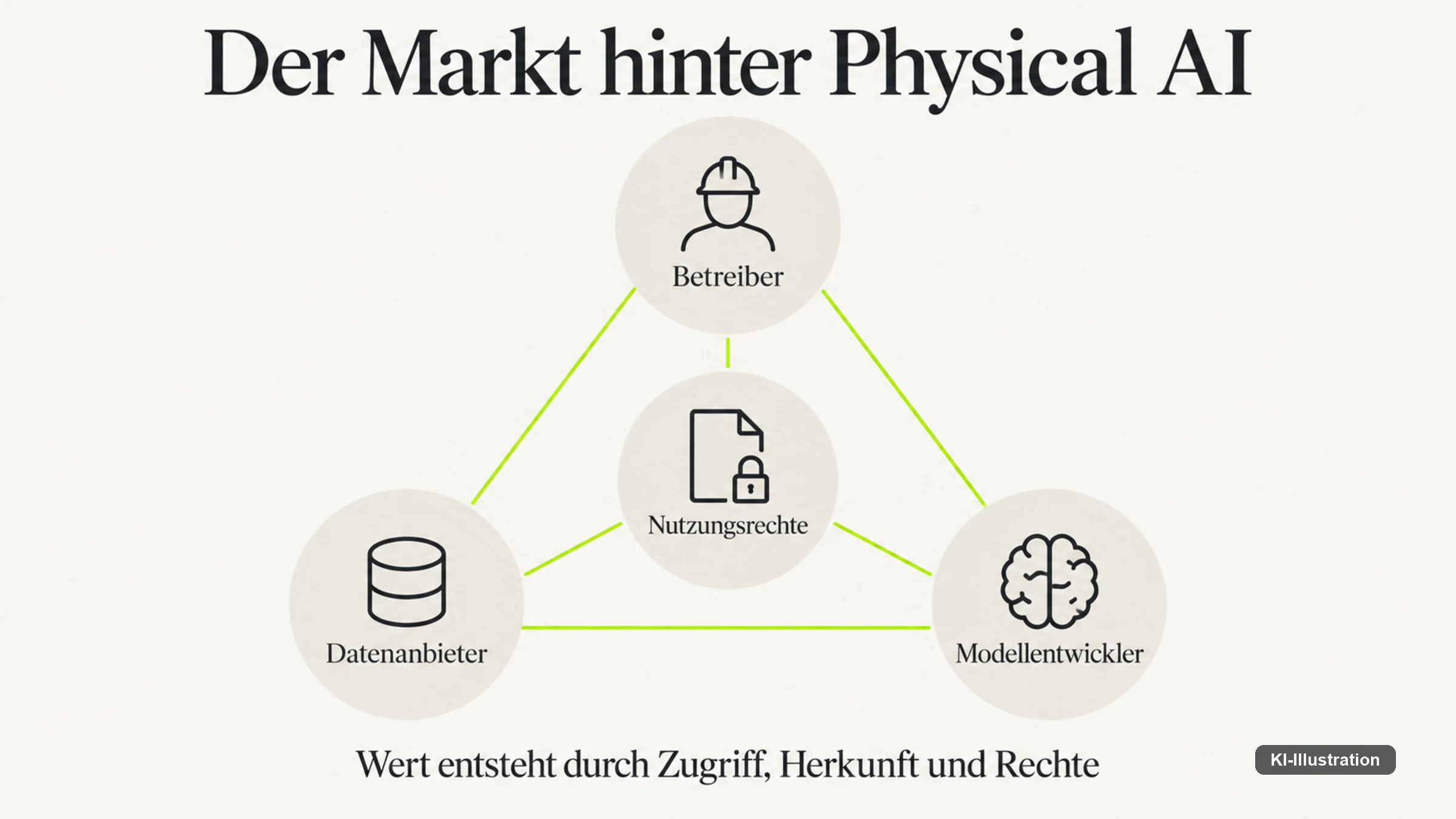 Dreieck aus Betreiber, Datenanbieter und Modellentwickler mit Nutzungsrechten im Zentrum.