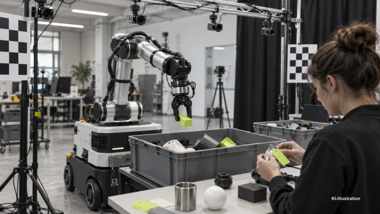 Roboterarm mit Kalibriertafeln erfasst Objekte, während eine Person Bauteile mit Etiketten versieht.