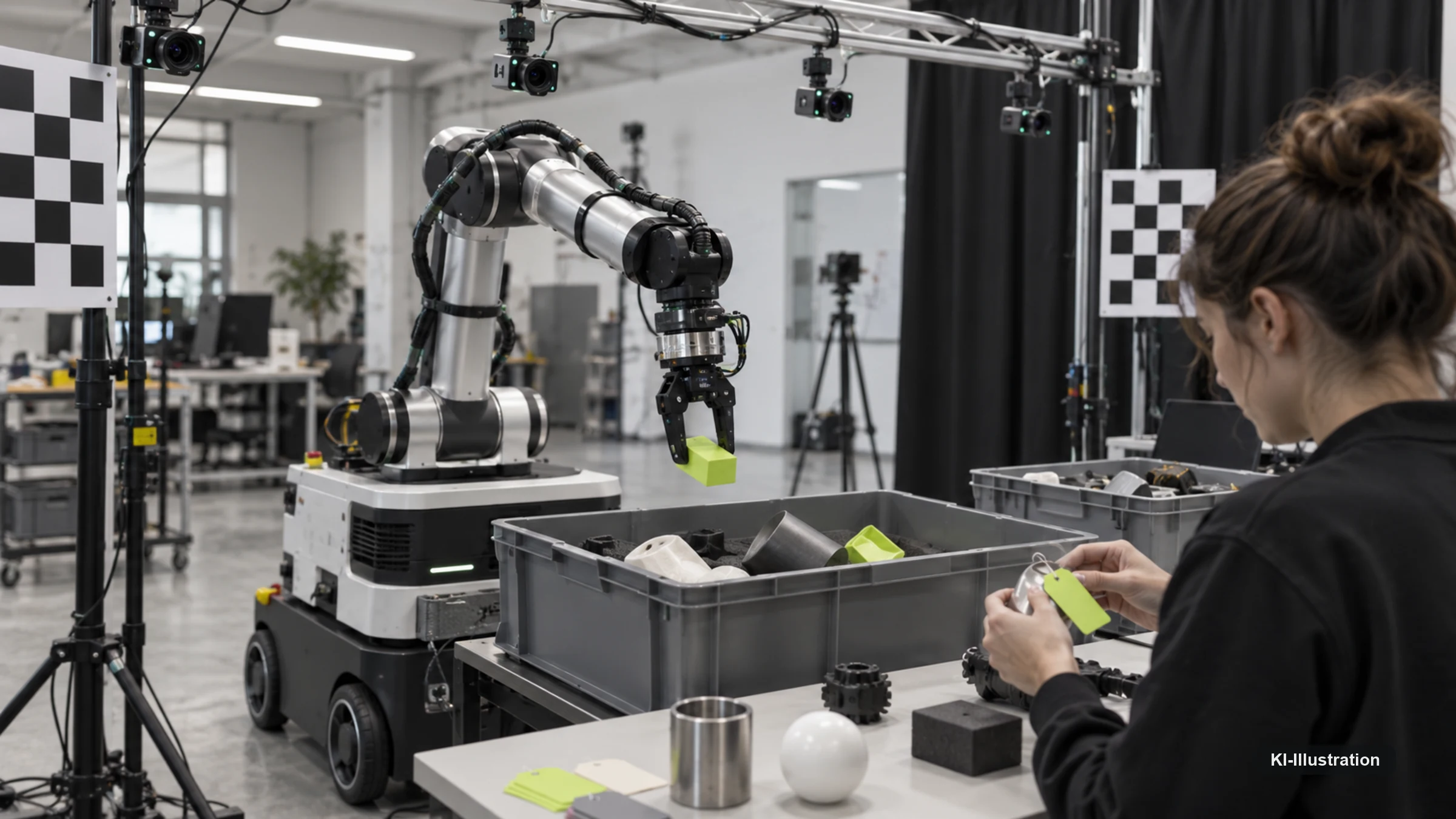 Roboterarm mit Kalibriertafeln erfasst Objekte, während eine Person Bauteile mit Etiketten versieht.