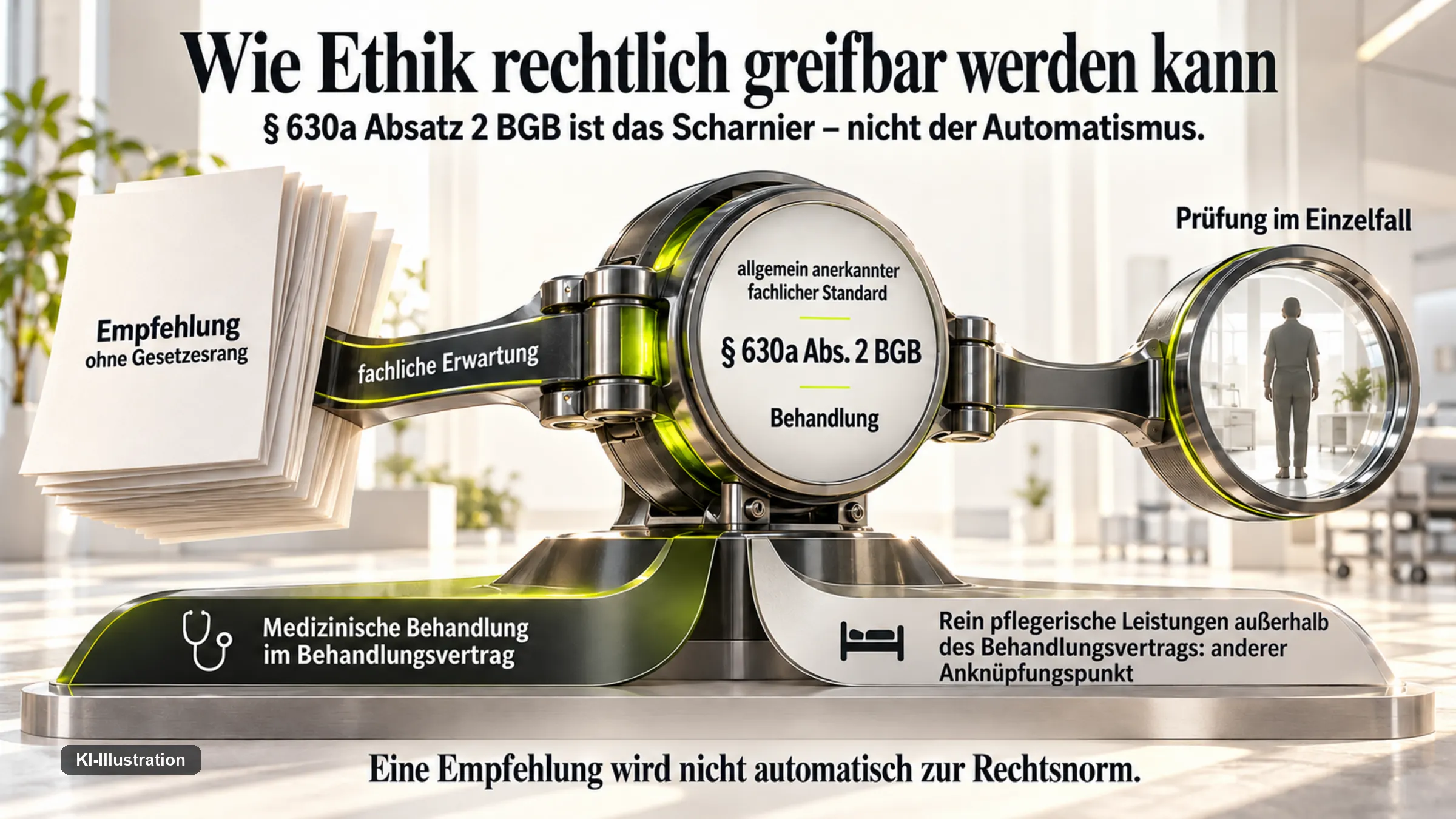 Ein Scharnier als Sinnbild: von der Empfehlung ohne Gesetzesrang über die fachliche Erwartung und den allgemein anerkannten fachlichen Standard nach Paragraf 630a Absatz 2 BGB zur Prüfung im Einzelfall.