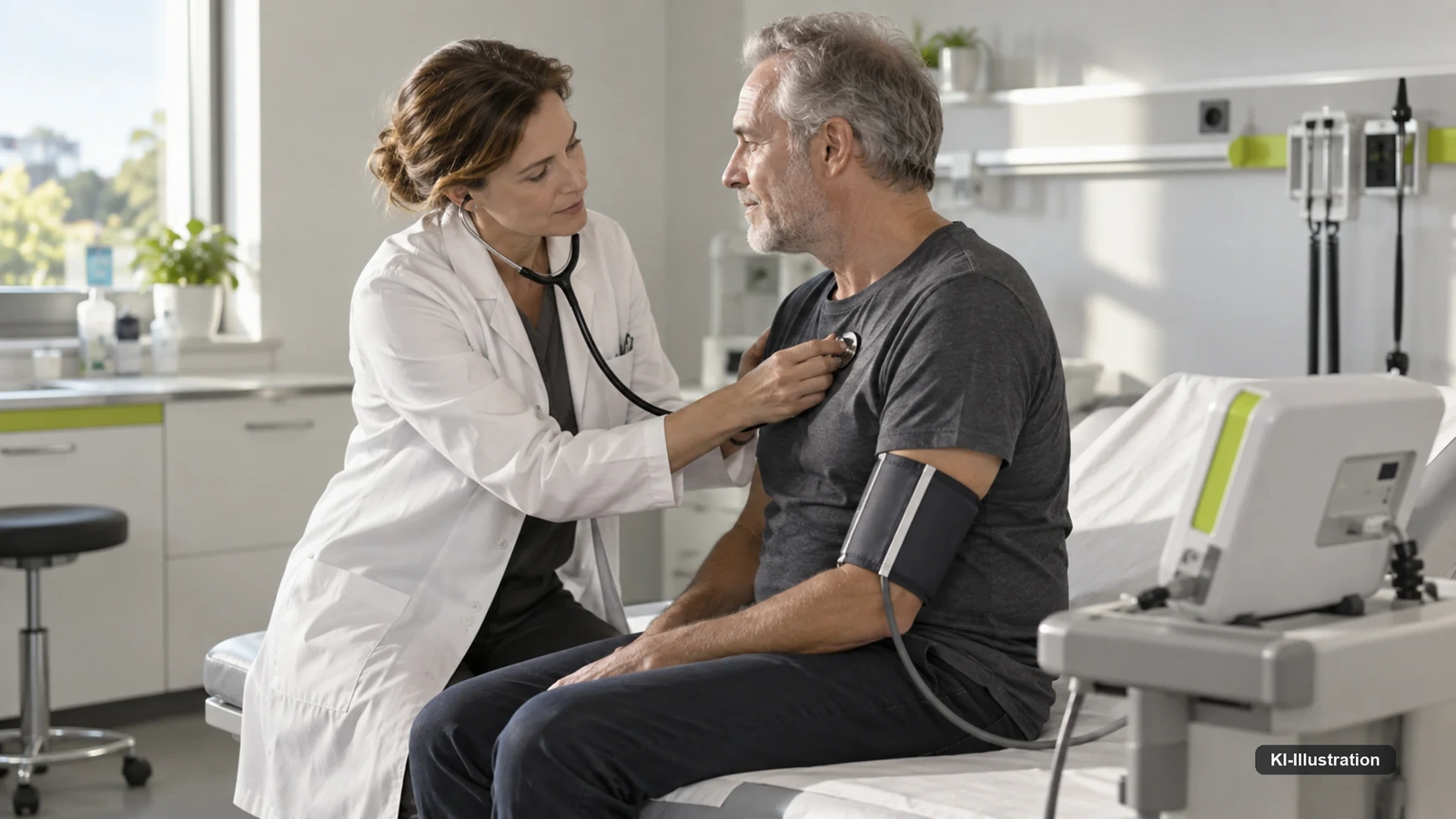 Eine Ärztin untersucht einen Patienten eigenständig, während ein digitales Diagnosesystem im Hintergrund bleibt.