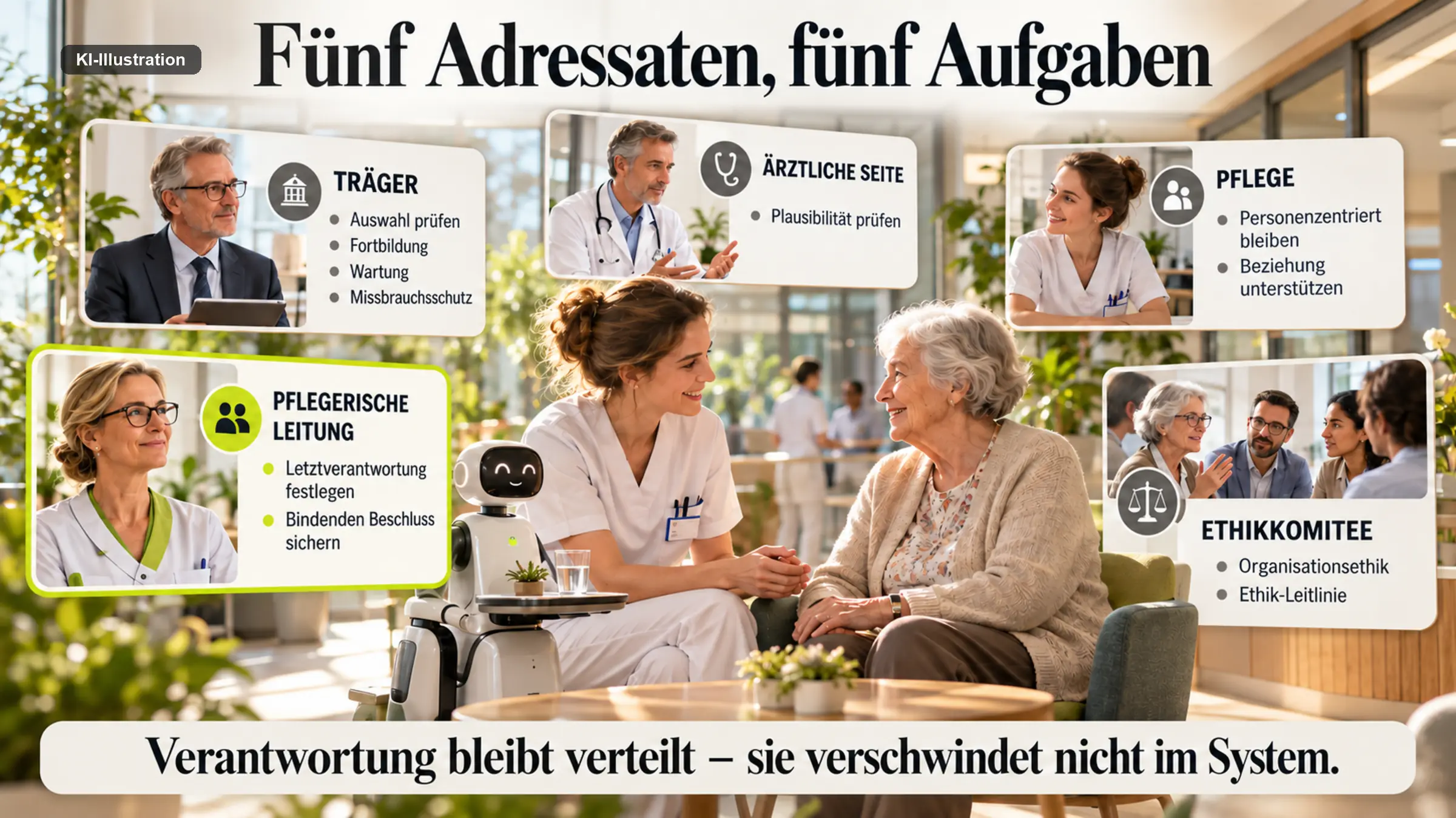 Fünf Adressaten rund um einen Systemeinsatz: Träger, ärztliche Seite, Pflege, pflegerische Leitung und Ethikkomitee mit je eigenen Aufgaben.