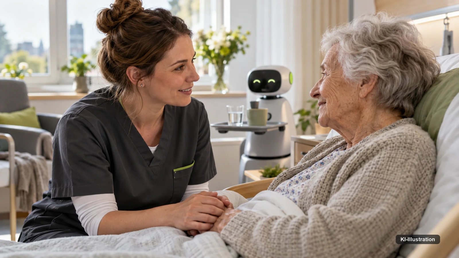 Eine Pflegefachperson spricht auf Augenhöhe mit einer älteren Patientin, während ein Assistenzroboter im Hintergrund Getränke bereitstellt.