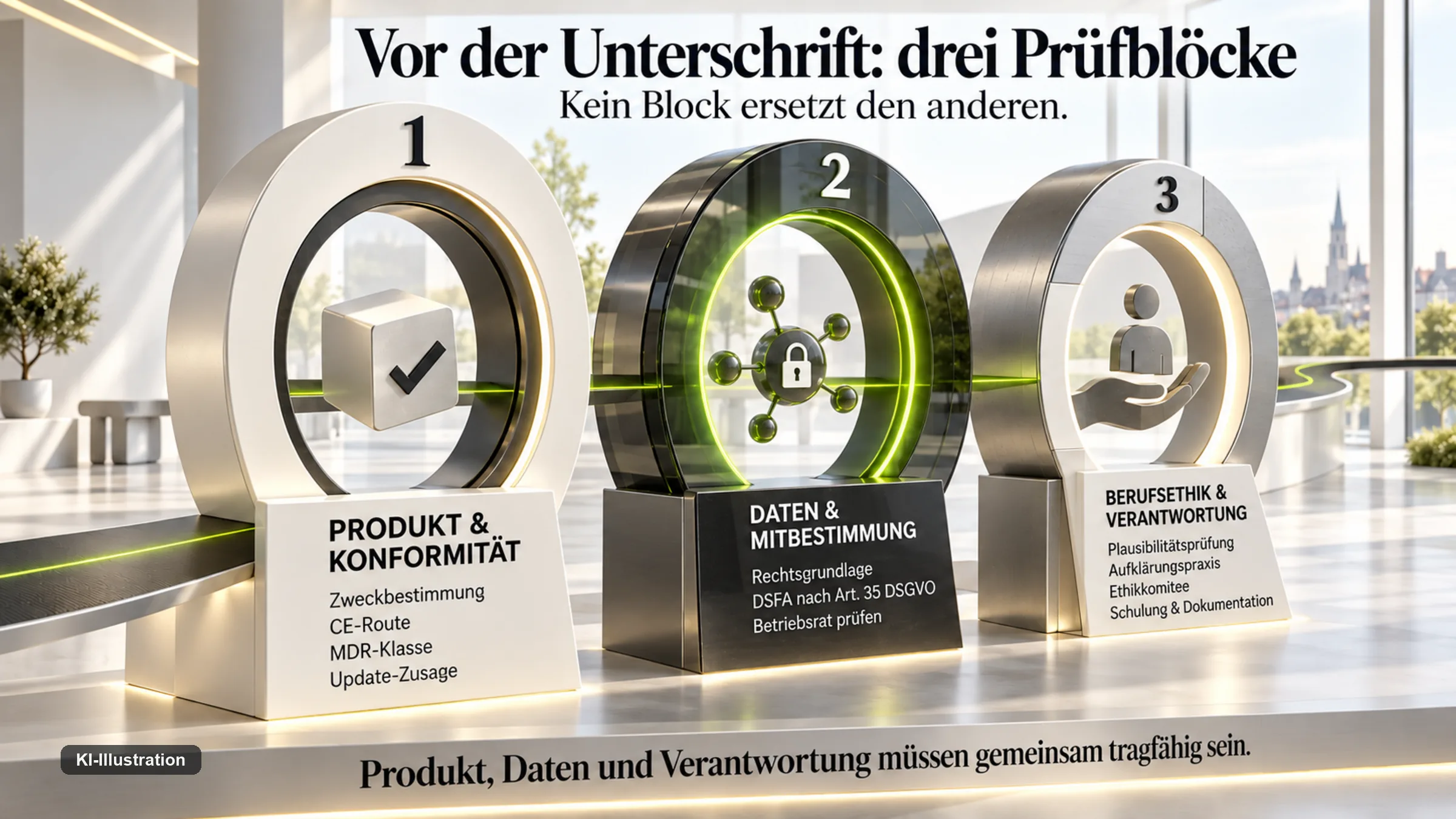 Drei Prüfblöcke vor einer Systembeschaffung: Produkt und Konformität, Daten und Mitbestimmung, Berufsethik und Verantwortung.