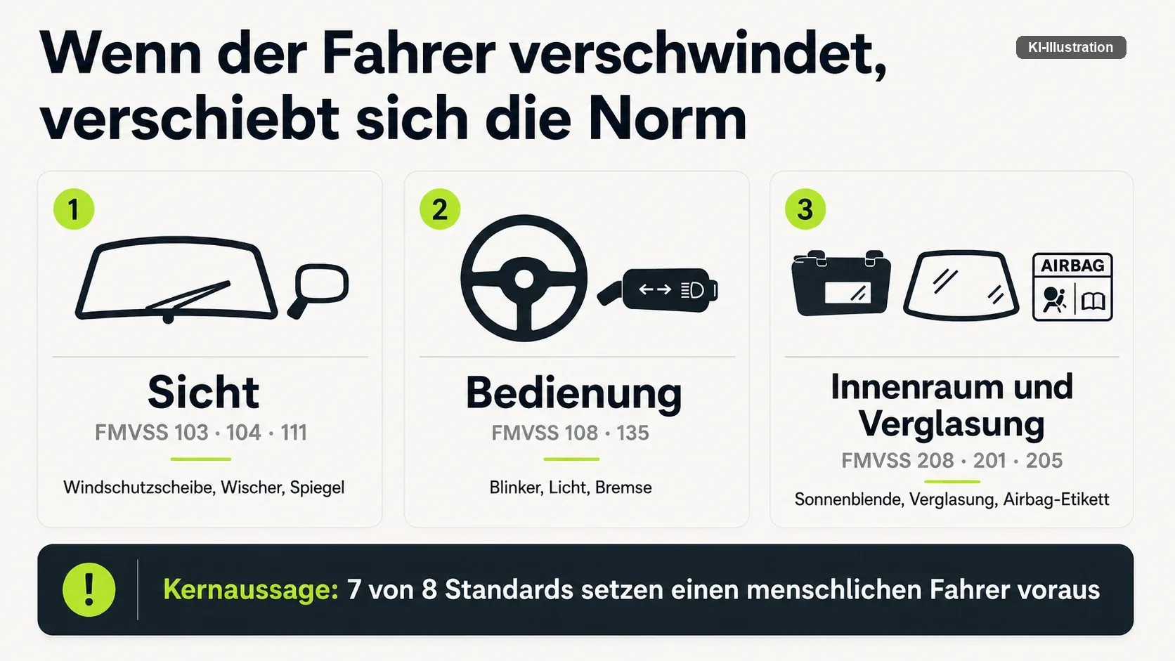 Grafik mit drei Feldern: Sicht mit FMVSS 103, 104 und 111, Bedienung mit FMVSS 108 und 135, Innenraum und Verglasung mit FMVSS 208, 201 und 205; darunter der Hinweis, dass sieben von acht Standards einen menschlichen Fahrer voraussetzen.