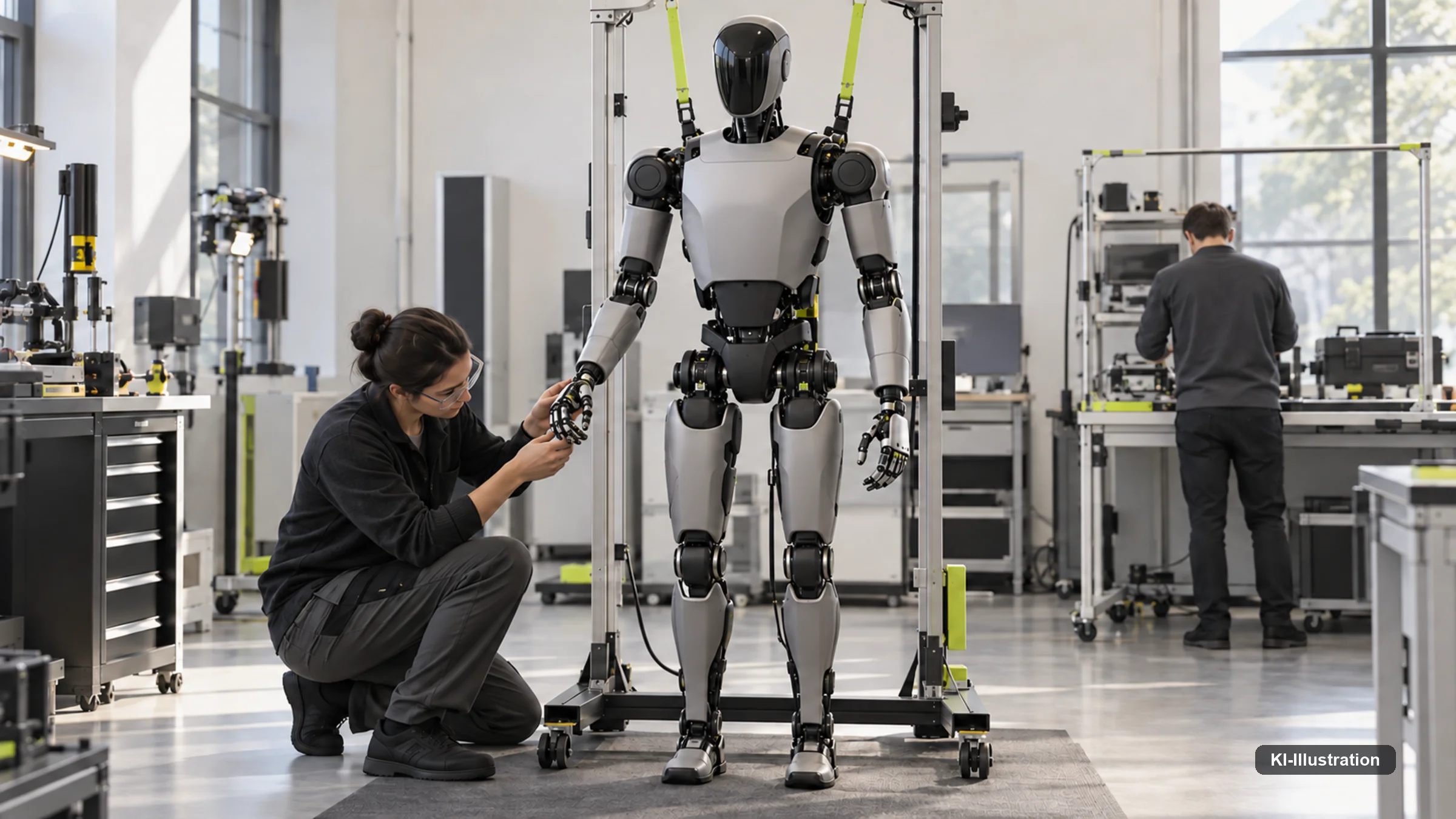 Arbeitsplatz mit Entwicklungsumgebung, Dokumentation und einem Roboter als Versuchsträger.