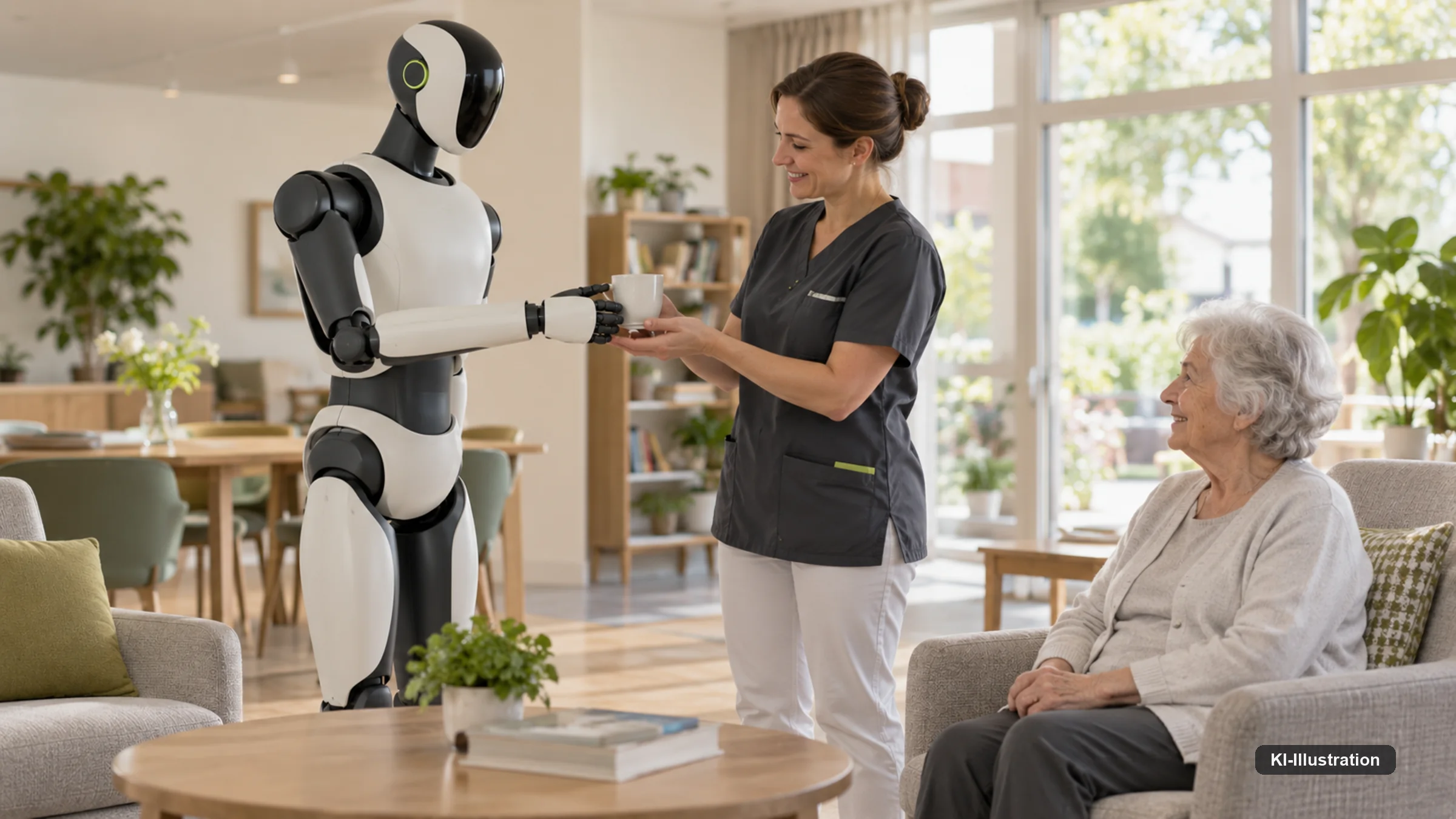 Pflegekraft begleitet aus Distanz einen Roboter bei einer Serviceaufgabe im Bewohnerbereich.