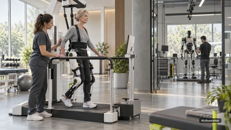 Rehabilitationsgerät und humanoider Roboter stehen nebeneinander als zwei Entwicklungsstufen desselben Hauses.