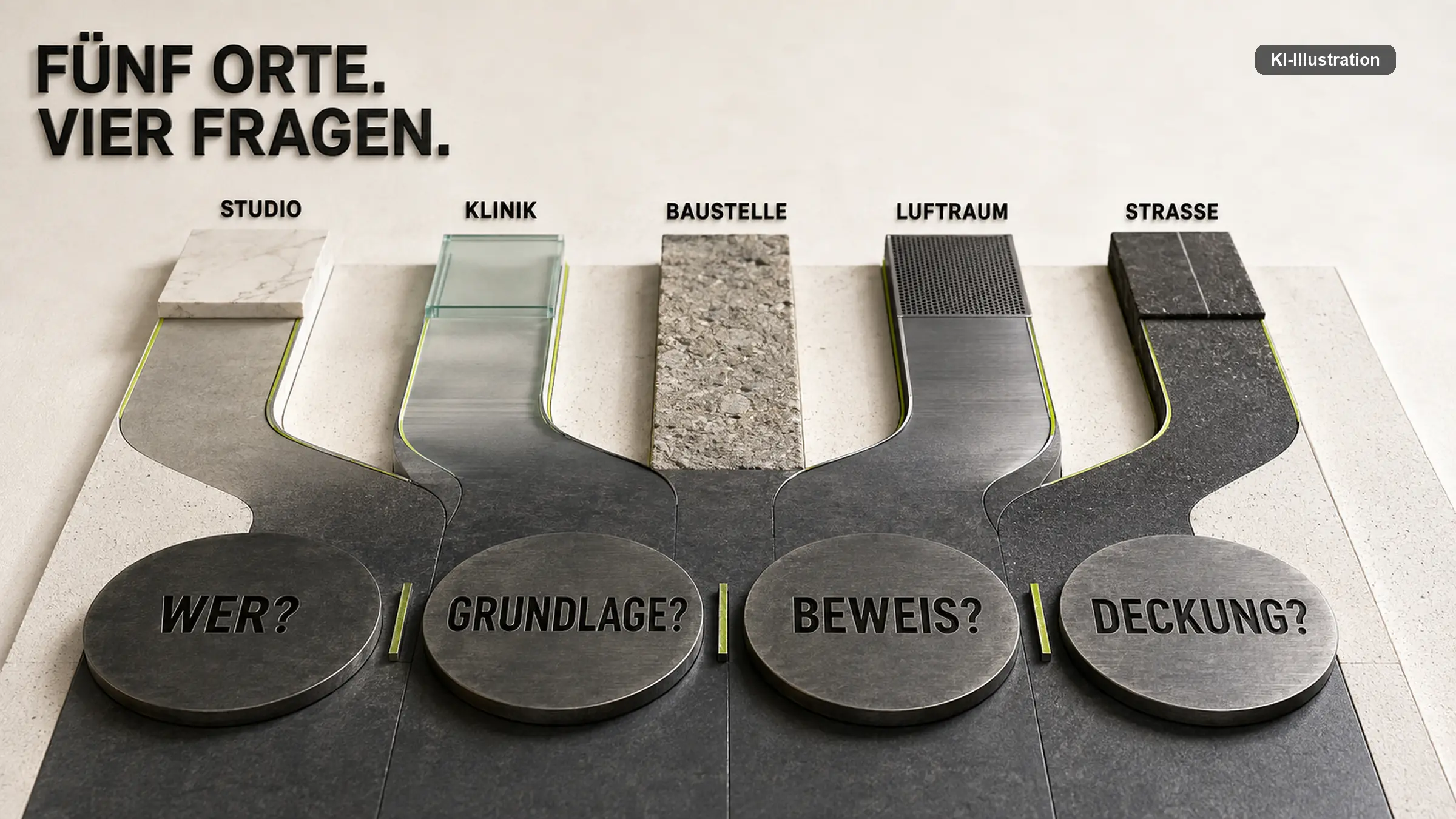 Fünf Materialbahnen mit den Beschriftungen Studio, Klinik, Baustelle, Luftraum und Straße münden in vier Scheiben mit den Fragen Wer, Grundlage, Beweis und Deckung.