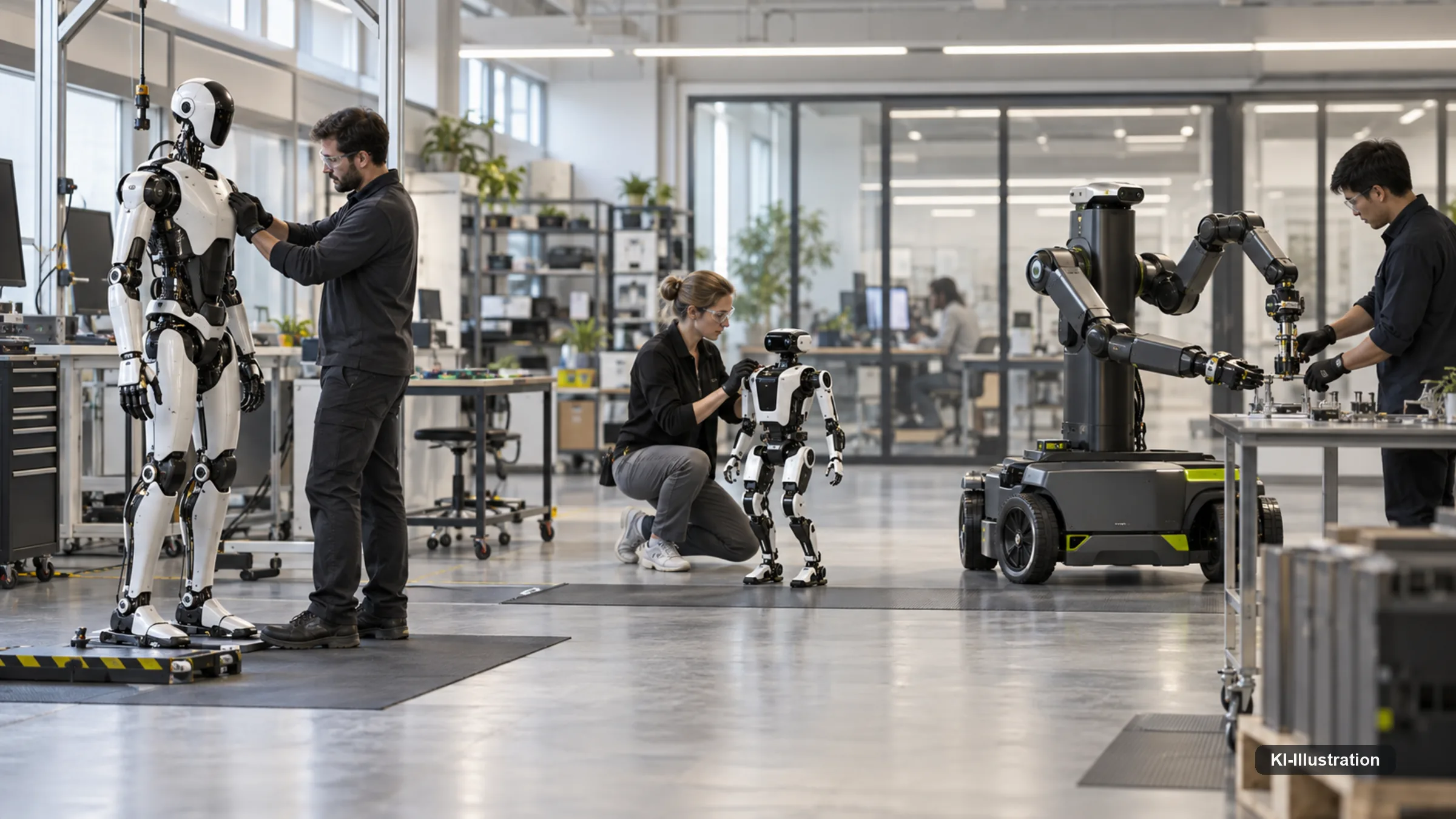 Radgebundener, industrieller und zweibeiniger Roboter stehen als drei Bauformen derselben Architektur nebeneinander.