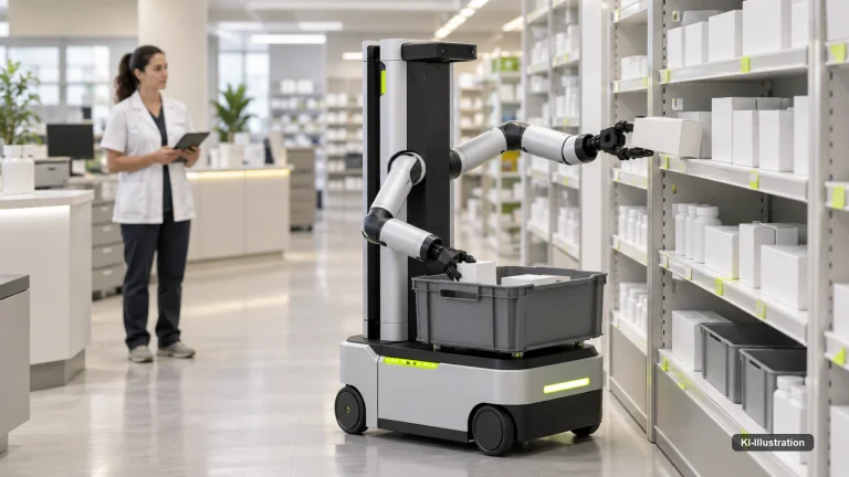Radgebundener Zweiarm-Roboter kommissioniert Ware in einem kompakten, automatisierten Ladenformat.