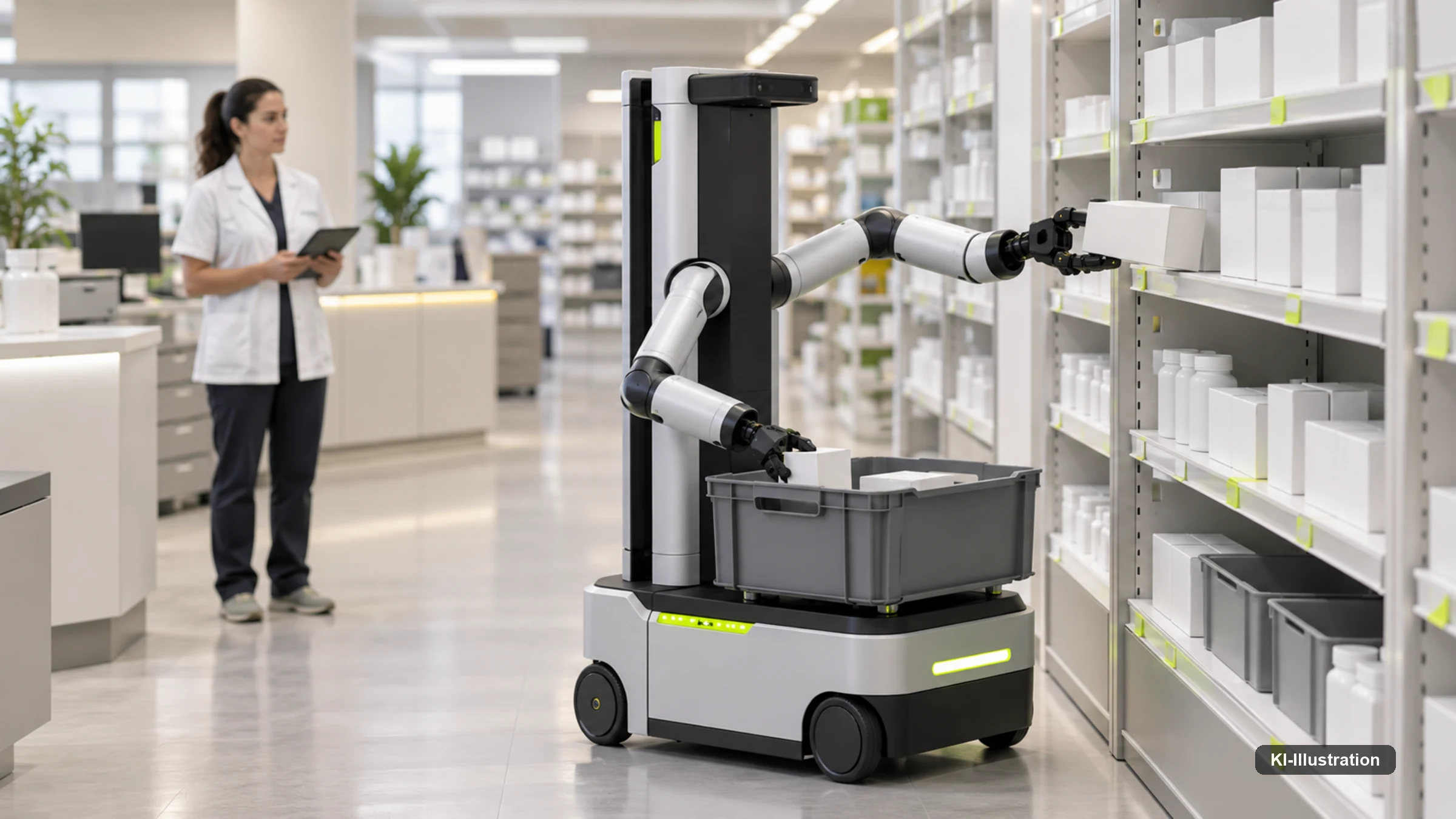 Radgebundener Zweiarm-Roboter kommissioniert Ware in einem kompakten, automatisierten Ladenformat.