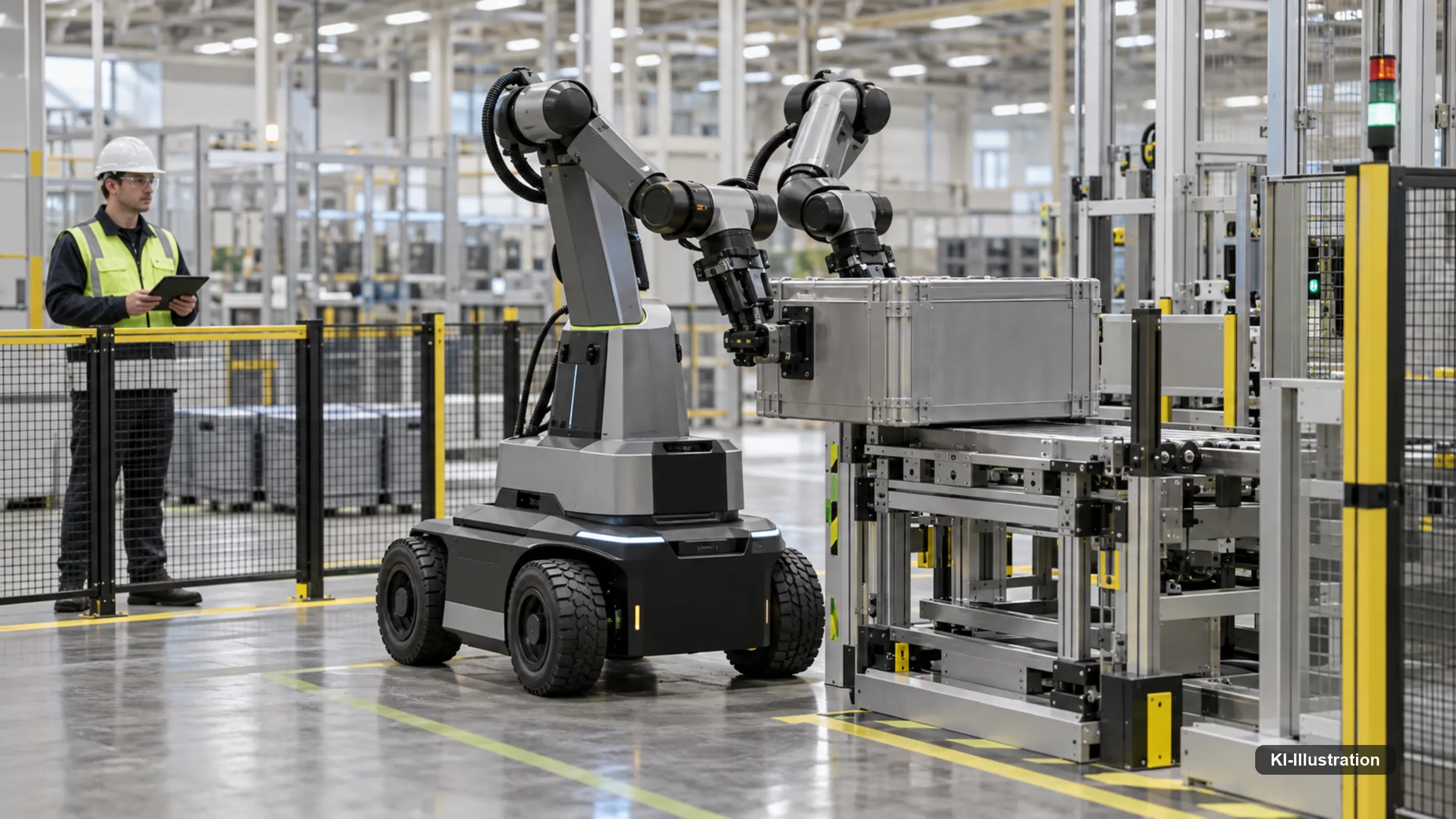 Kräftiger Zweiarm-Roboter bewegt Bauteile an einer Fertigungslinie.