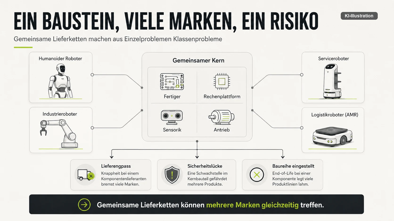 Vier Robotertypen greifen auf einen gemeinsamen Kern aus Fertiger, Rechenplattform, Sensorik und Antrieb zu; daraus folgen Lieferengpass, Sicherheitslücke und eingestellte Baureihe.