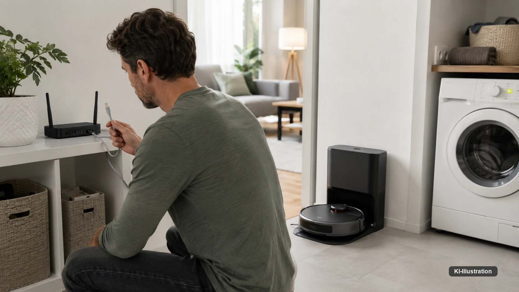 Eine Person hockt vor einem kleinen Router auf einem Regal und hält einen Netzwerkstecker in der Hand; rechts stehen ein Saugroboter mit Absaugstation und eine Waschmaschine.