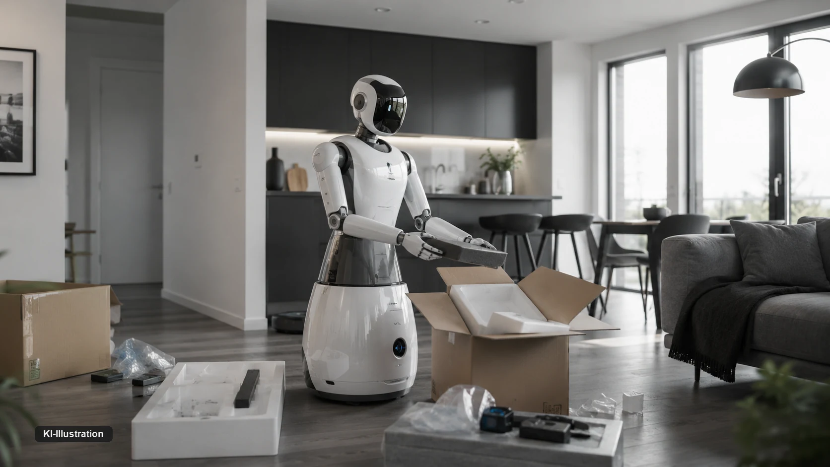 Ein weißer Haushaltsroboter auf fahrbarem Sockel hebt ein Teil aus einem geöffneten Karton; ringsum liegen Verpackungsmaterial, Schaumstoffeinlagen und weitere Kartons.
