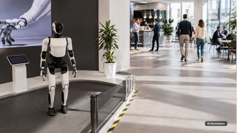 Ein humanoider Roboter steht auf einer erhöhten Demonstrationsfläche; eine Absperrung mit schwarz-gelber Markierung trennt ihn vom Gang, auf dem Besucher vorbeigehen.