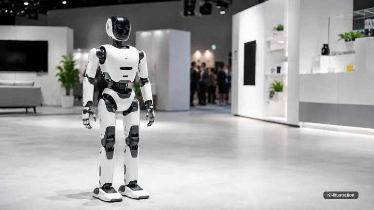 Ein weiß-schwarzer humanoider Roboter steht allein auf einer hellen Ausstellungsfläche, im Hintergrund eine Gruppe von Besuchern an einem Stand.