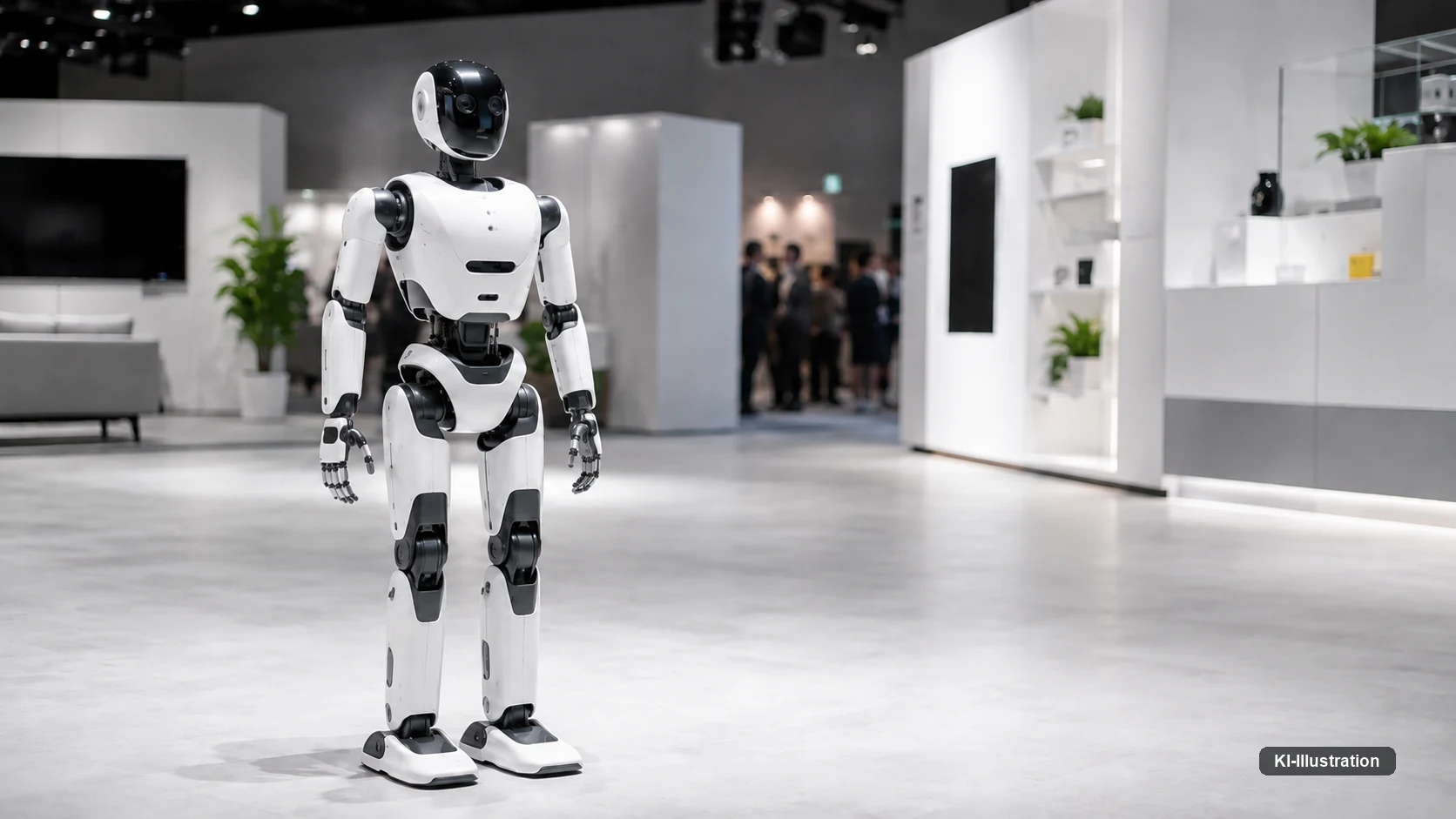Ein weiß-schwarzer humanoider Roboter steht allein auf einer hellen Ausstellungsfläche, im Hintergrund eine Gruppe von Besuchern an einem Stand.