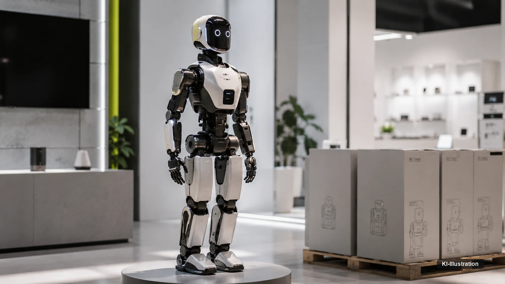 Ein humanoider Roboter steht auf einem runden Podest in einem hellen Ausstellungsraum; rechts daneben stehen mehrere gleiche Versandkartons auf einer Palette.