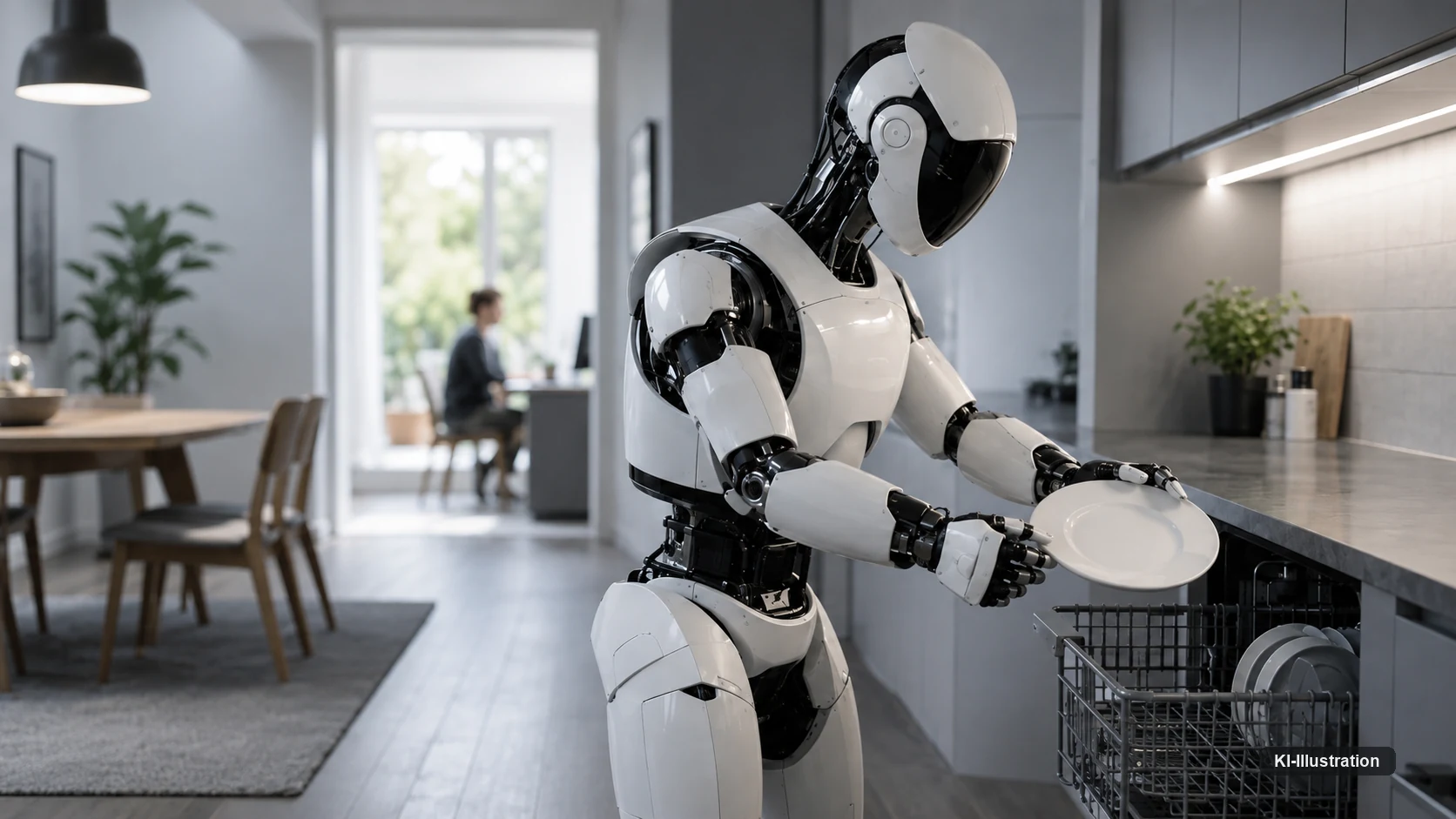 Ein humanoider Roboter hält einen Teller über den geöffneten Korb einer Spülmaschine; im Hintergrund arbeitet eine Person an einem Schreibtisch.
