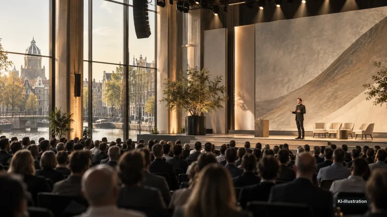 Konferenzsaal mit Bühne und vollem Publikum, im Fenster dahinter eine Amsterdamer Gracht im Abendlicht