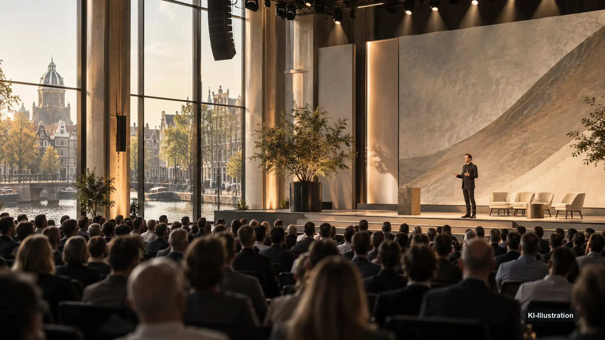 Konferenzsaal mit Bühne und vollem Publikum, im Fenster dahinter eine Amsterdamer Gracht im Abendlicht