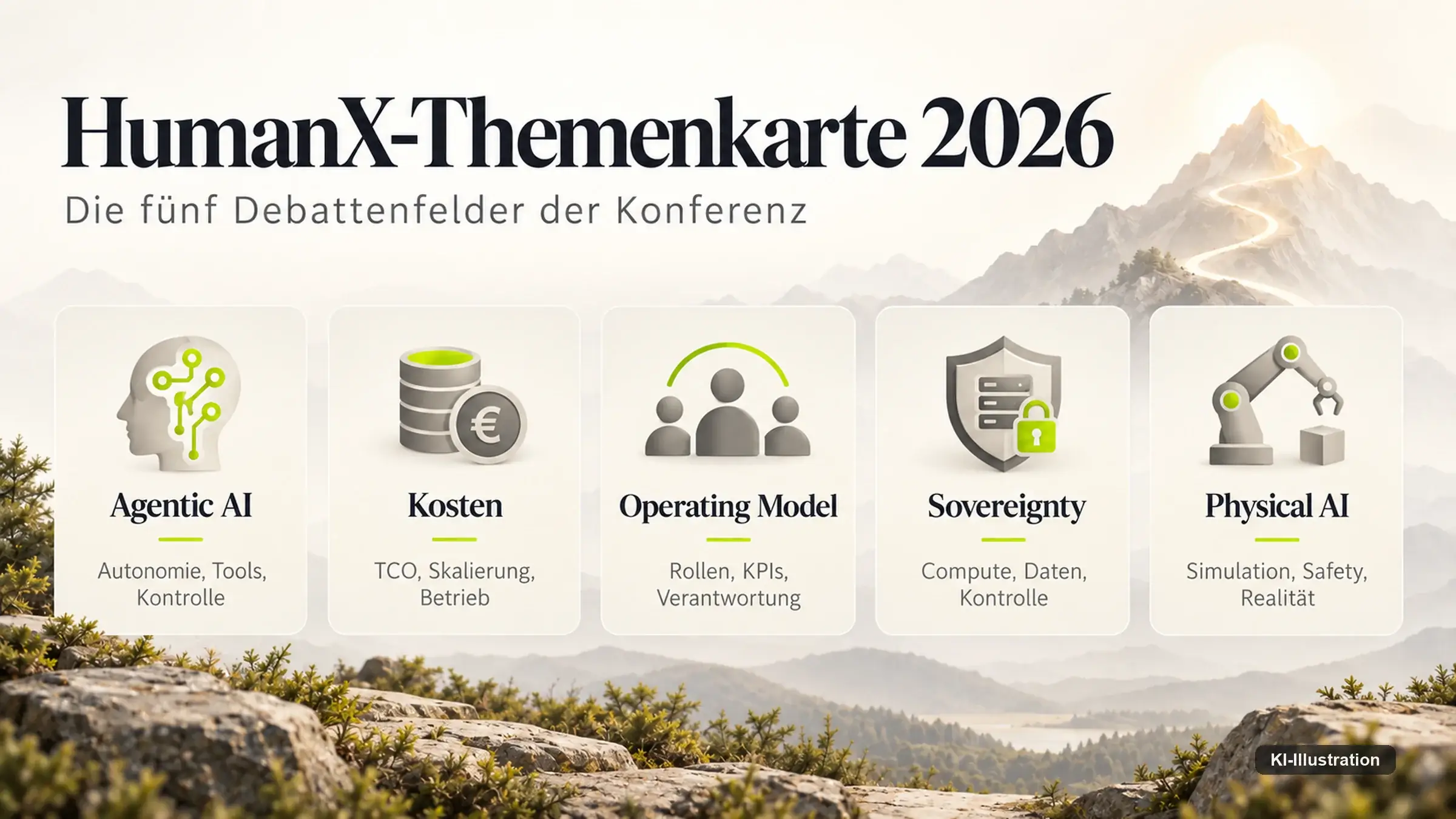 Grafik mit sechs Prüfkriterien: Reifegrad, Kosten, Intervention, Governance, Safety und Business Value