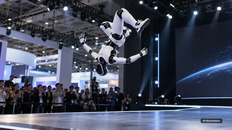 Humanoider Roboter dreht sich über einer Messebühne in der Luft, davor Publikum mit erhobenen Smartphones.