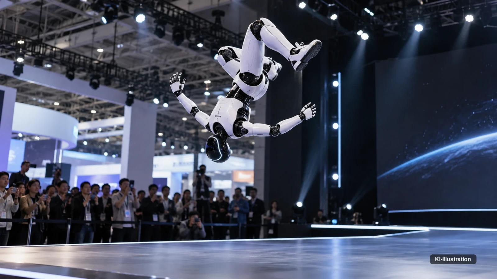 Humanoider Roboter dreht sich über einer Messebühne in der Luft, davor Publikum mit erhobenen Smartphones.