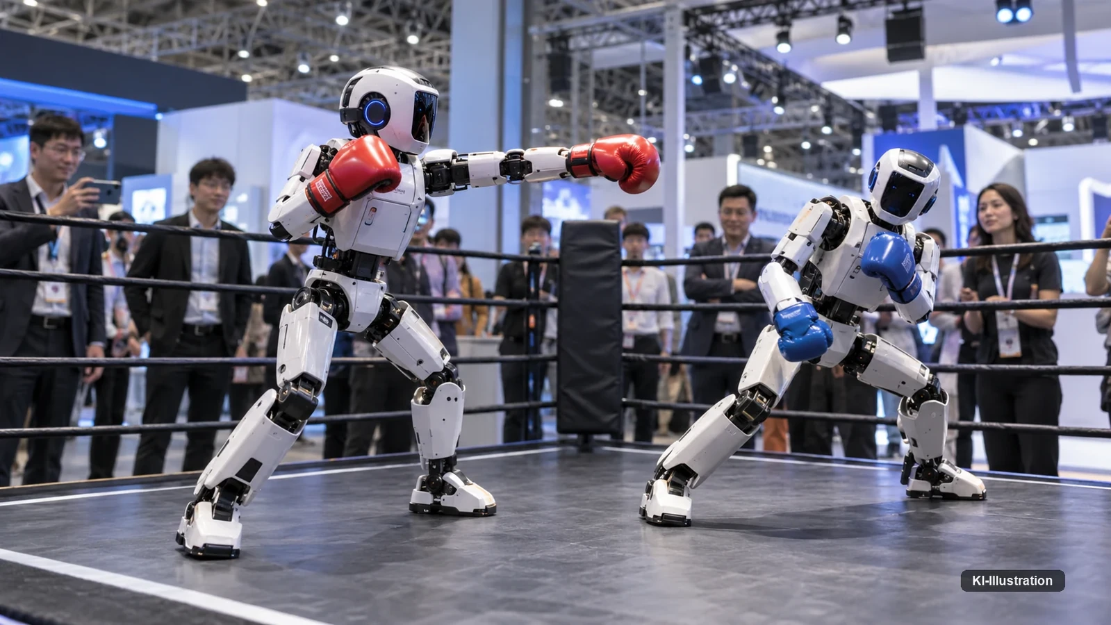 Zwei humanoide Roboter mit roten und blauen Boxhandschuhen in einem Ring, der linke schlägt mit ausgestrecktem Arm ins Leere.