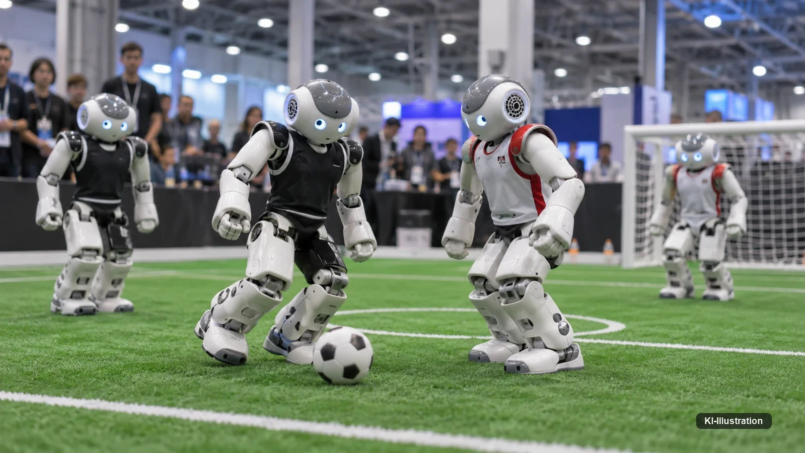 Vier kleine humanoide Roboter in Trikots auf einem Kunstrasenfeld um einen Fußball, im Hintergrund ein Tor.