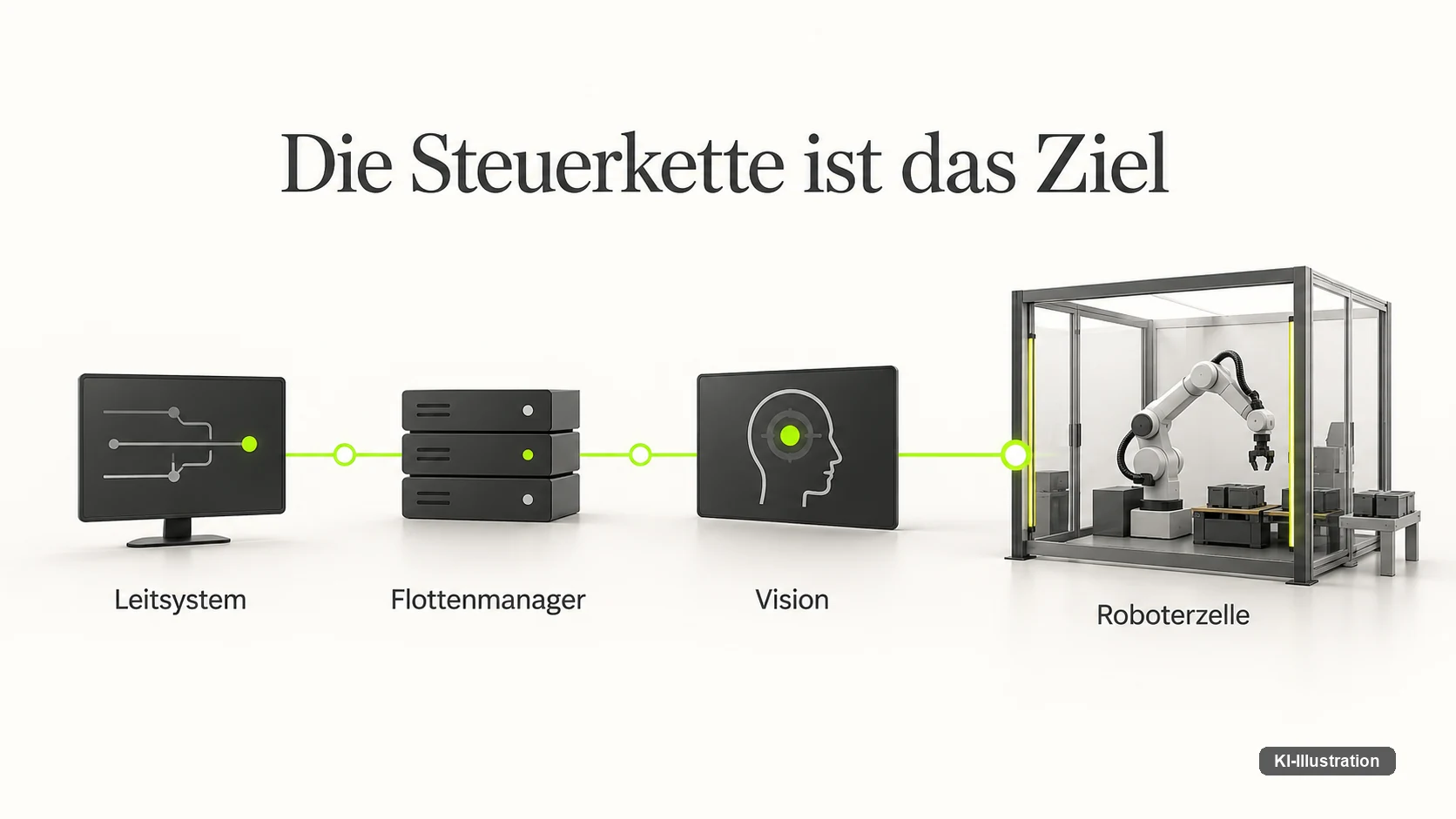 Leitsystem, Flottenmanager, Vision und Roboterzelle bilden eine durchgehende Vertrauenskette — ein Angriff muss nicht den Roboter selbst treffen, um ihn zu kontrollieren.