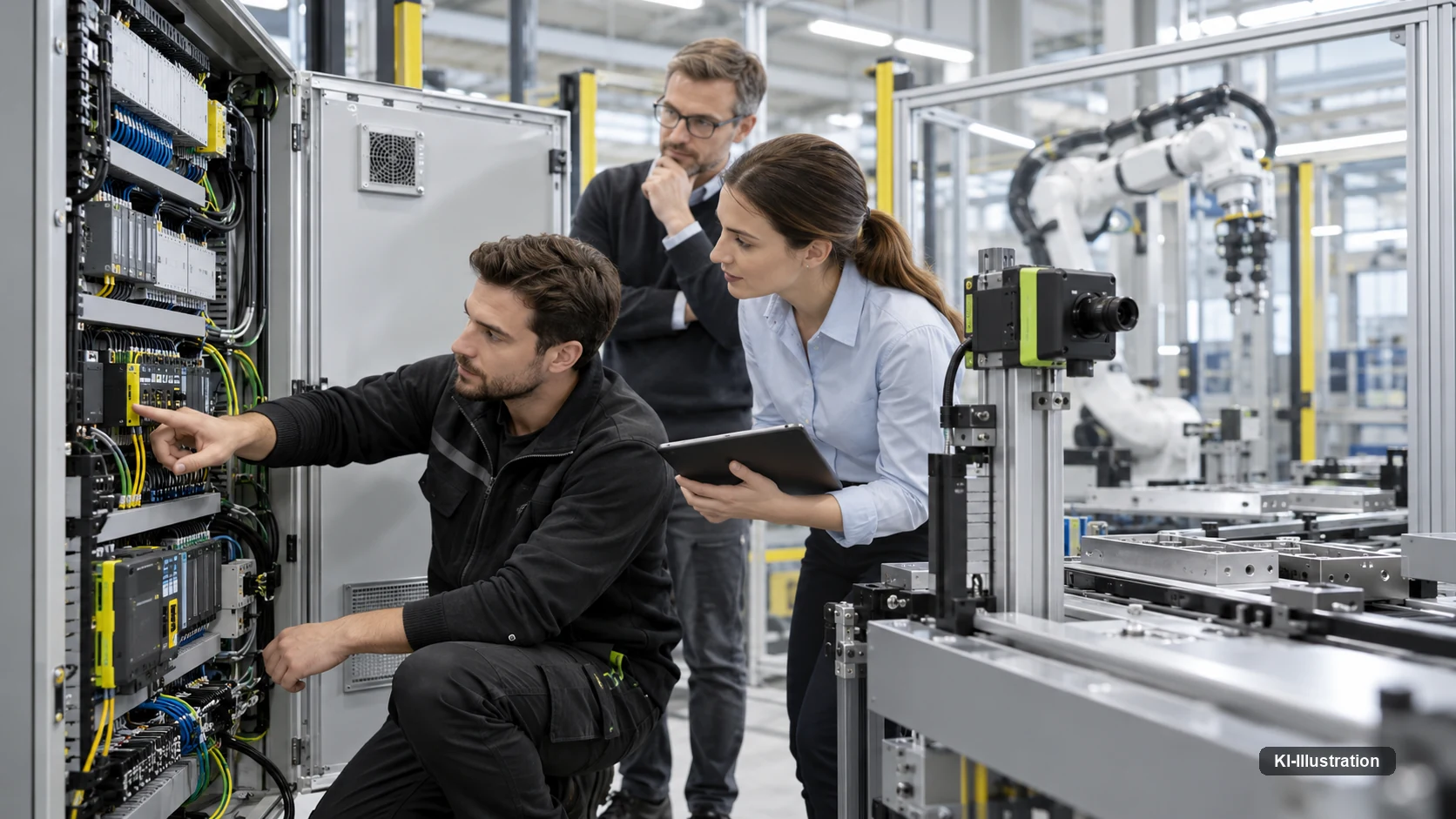 Drei Personen mit Tablet an einem Serverschrank neben einem Roboterarm hinter einem Sicherheitsgitter.